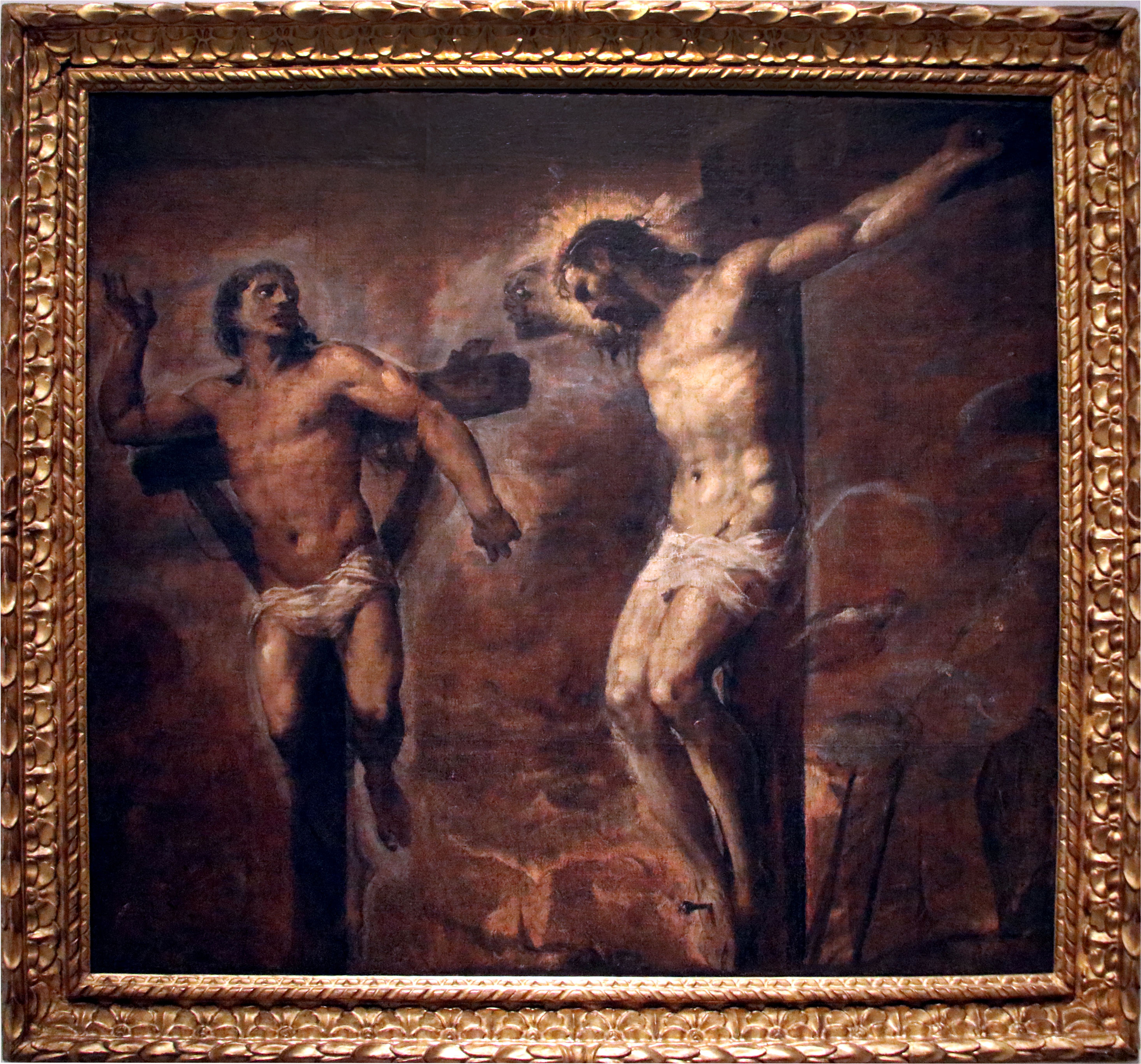 Maleri: Jesus henger på korset, han har hodet bøyd nedover. Bakgrunnen er rødbrun og mørk. Ved siden av ham er en mann malt foran et kors, han ser ut som han er på vei oppover.