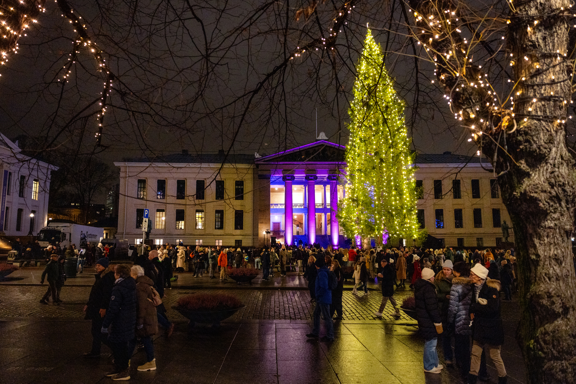 Foto: Universitetsplassen sett fra andre siden av Karl Johans gate. I midten står juletreet. Masse folk går rundt.