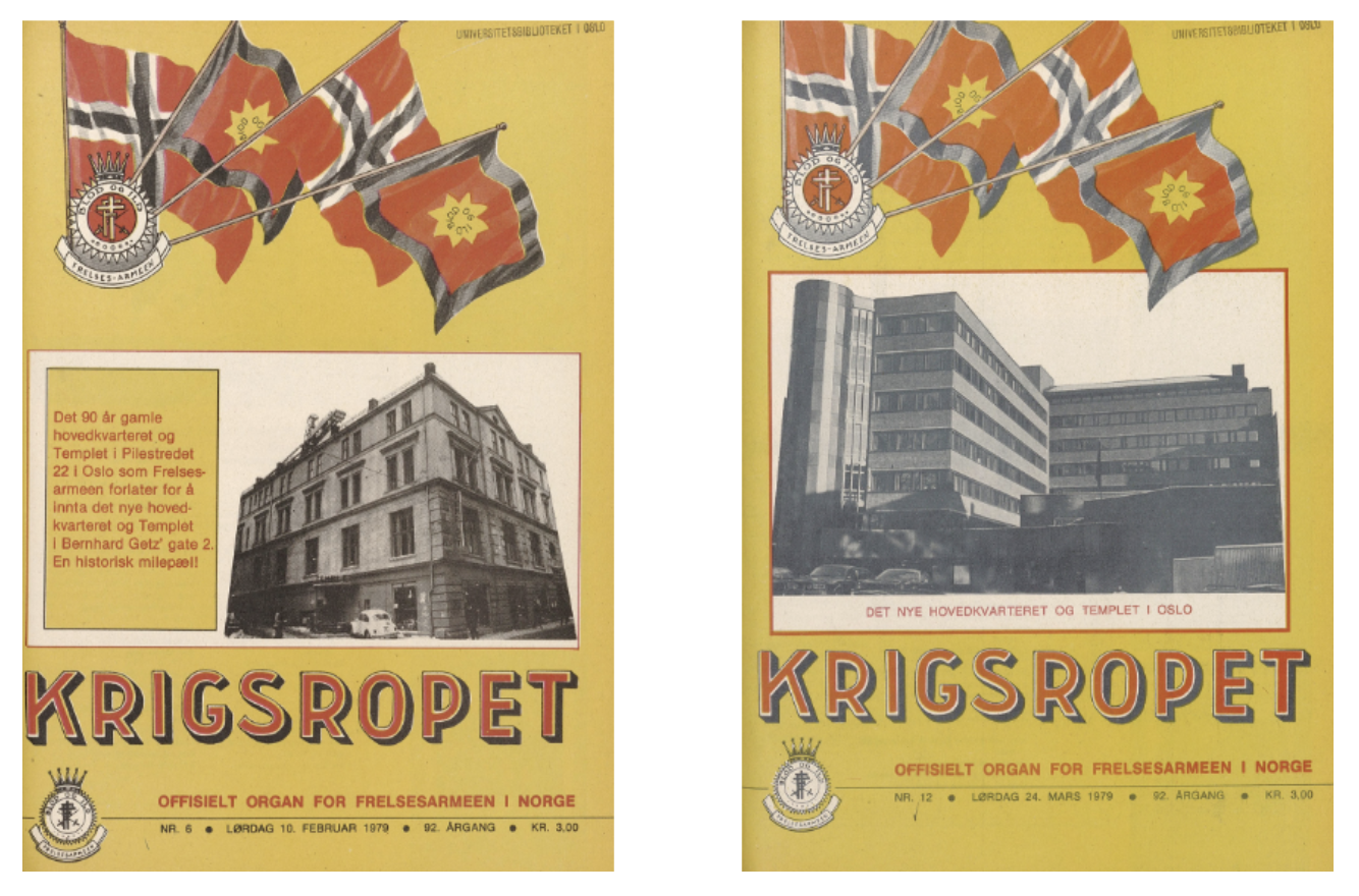 Foto: To gamle forsider av et magasin ved siden av hverandre. De ser nesten identiske ut, det eneste som er ulikt er bygget på fronten i sort-hvitt-bilde.