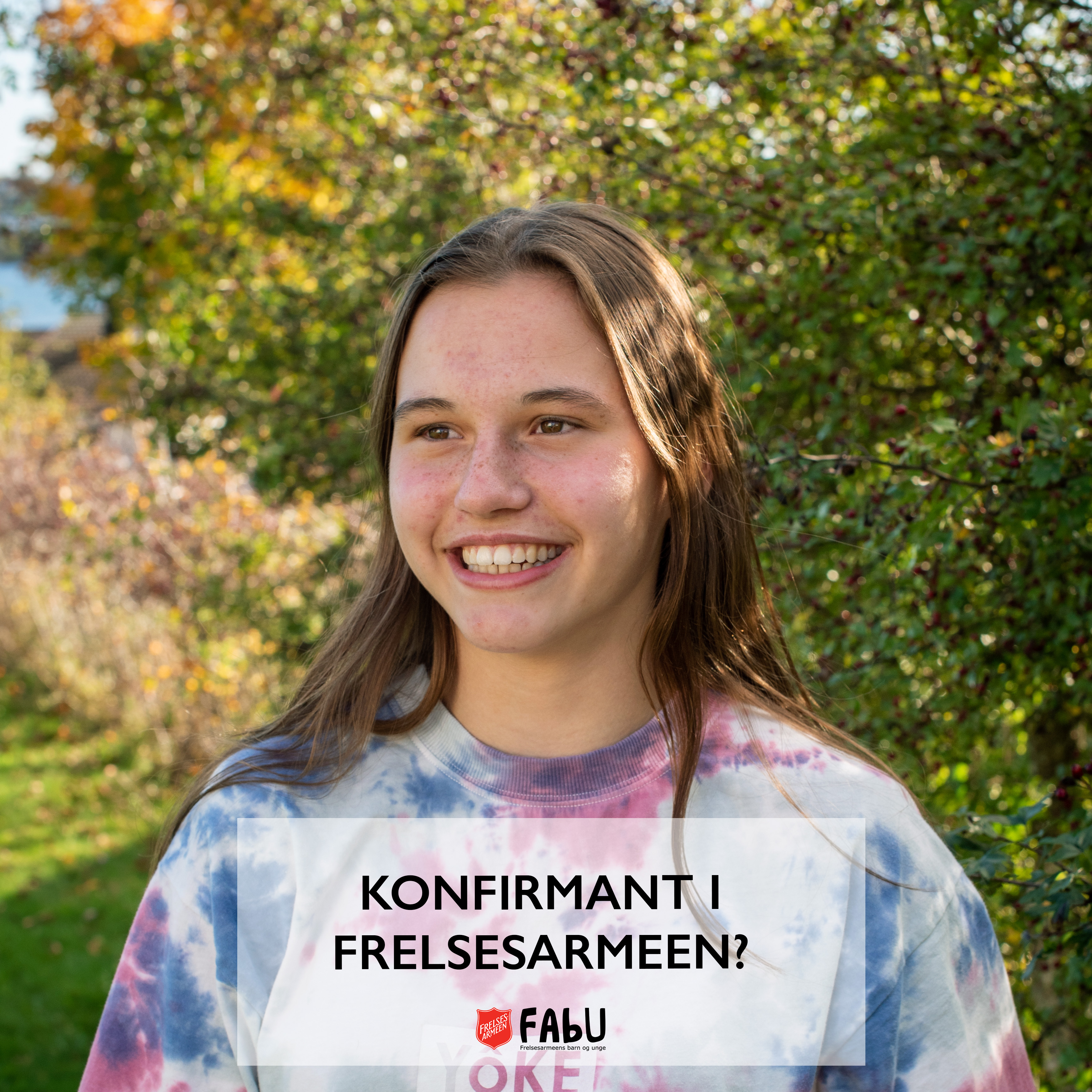 bilde av ungdom med tekst "Konfirmant i Frelsesarmeen?" med logo for FABU, Frelsesarmeens barn og unge
