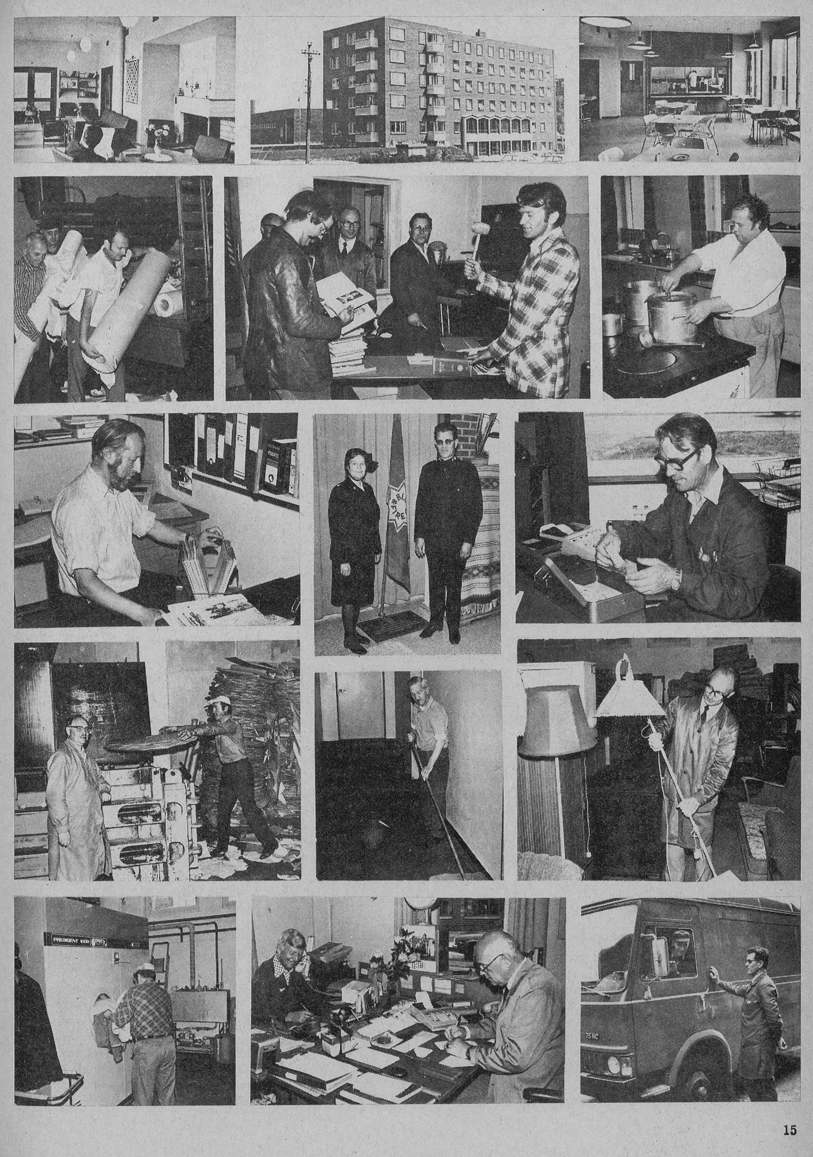 Gamle sort/hvitt bilder fra livet på Elevator, hentet fra en artikkel i Krigsropet nr. 42 1975. Bildene viser blant annet salongen og kjøkkenet på Elevator (øverste linje), og ansatte og noen av «kara» i arbeid. (Foto: Krigsropets arkiv)