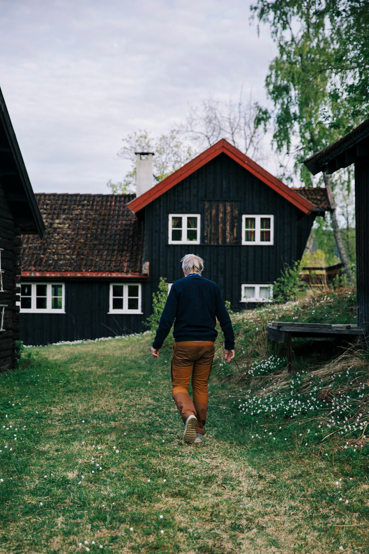 Foto: Mann går over en gressplen med ryggen mot kamera. Han er på vei bort til et brunt, eldre gus med hvite vinduskarmer og rødt listverk.