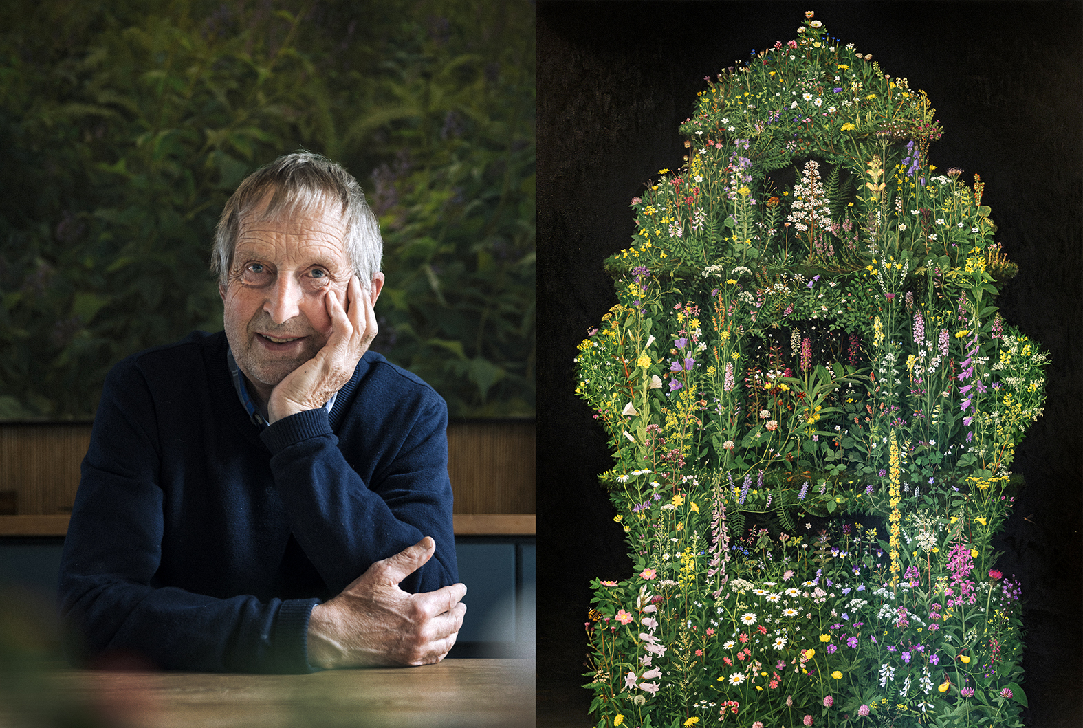 Foto: To bilder satt sammen, der det første viser en mann som holder hoved i venstre hånd og ser ret i kamera. Bildet ved siden av viser et malt alter som består av over 400 markblomster.