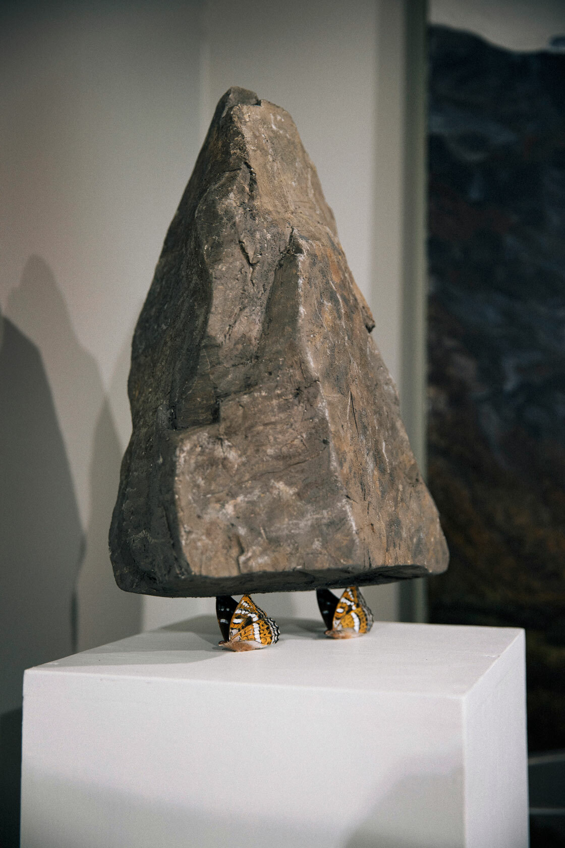 Foto: Grå stein hviler på tuppen av vingene til to naturtro figurer av små sommerfugler i oransje,, hvitt og svart..
