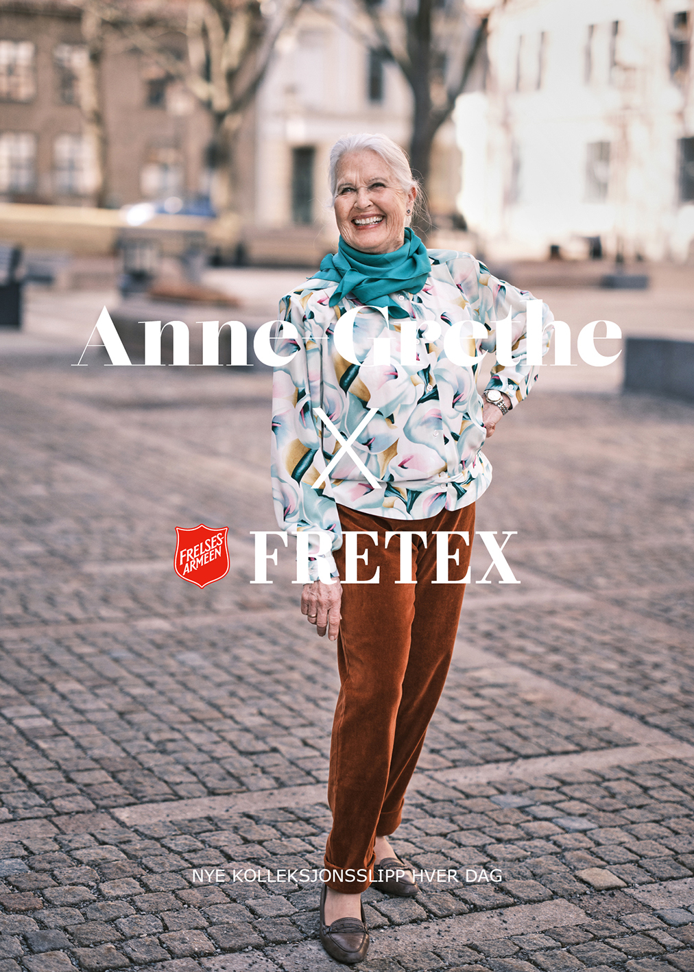 Anne Grethe er en godt voksen dame som også har brukt Fretex kampanjen til å slippe sin egen kolleksjon, her sammen med influencer Martin Danielle