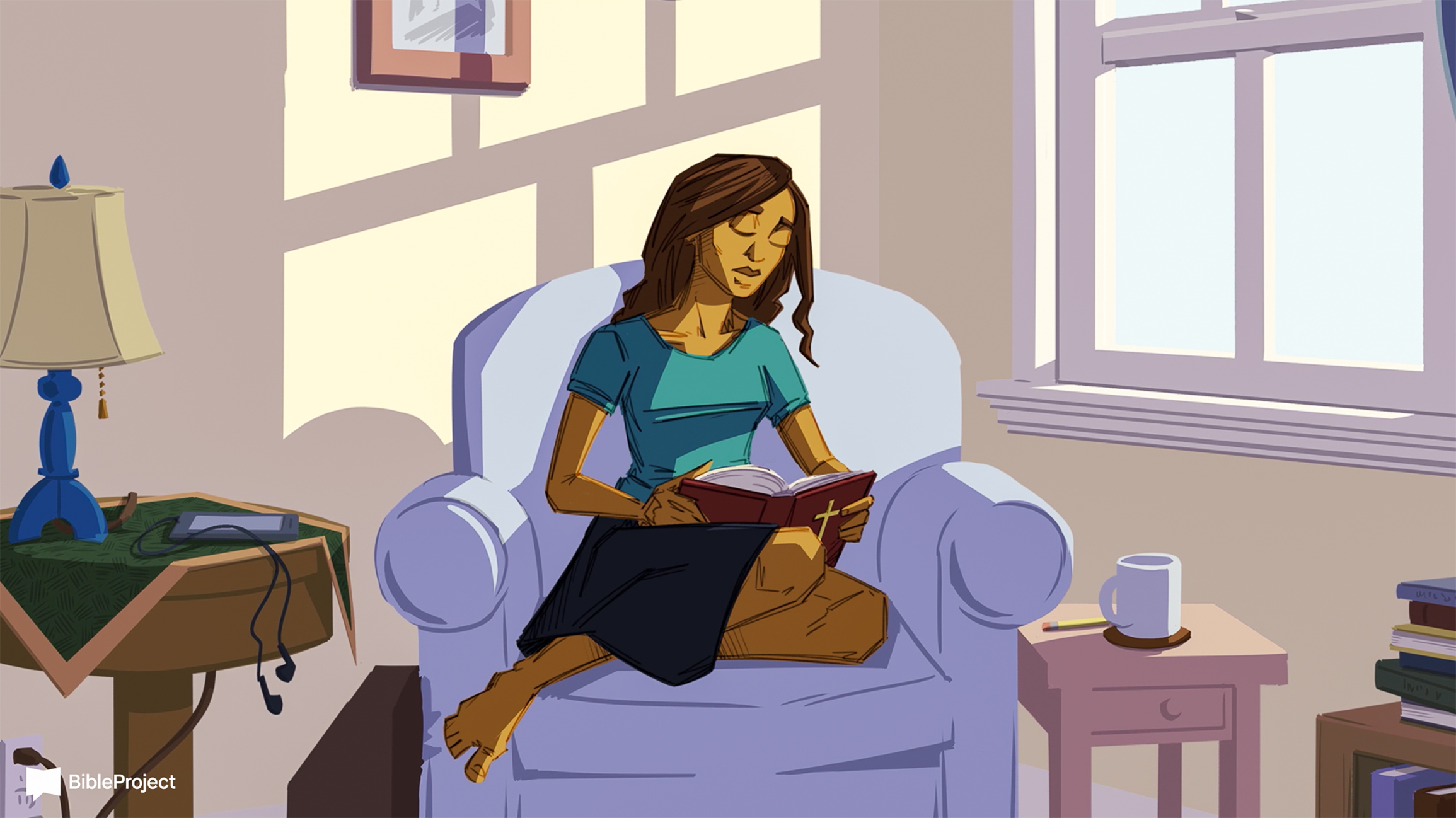 Illustrasjon fra BibleProject kvinne sitter i stol