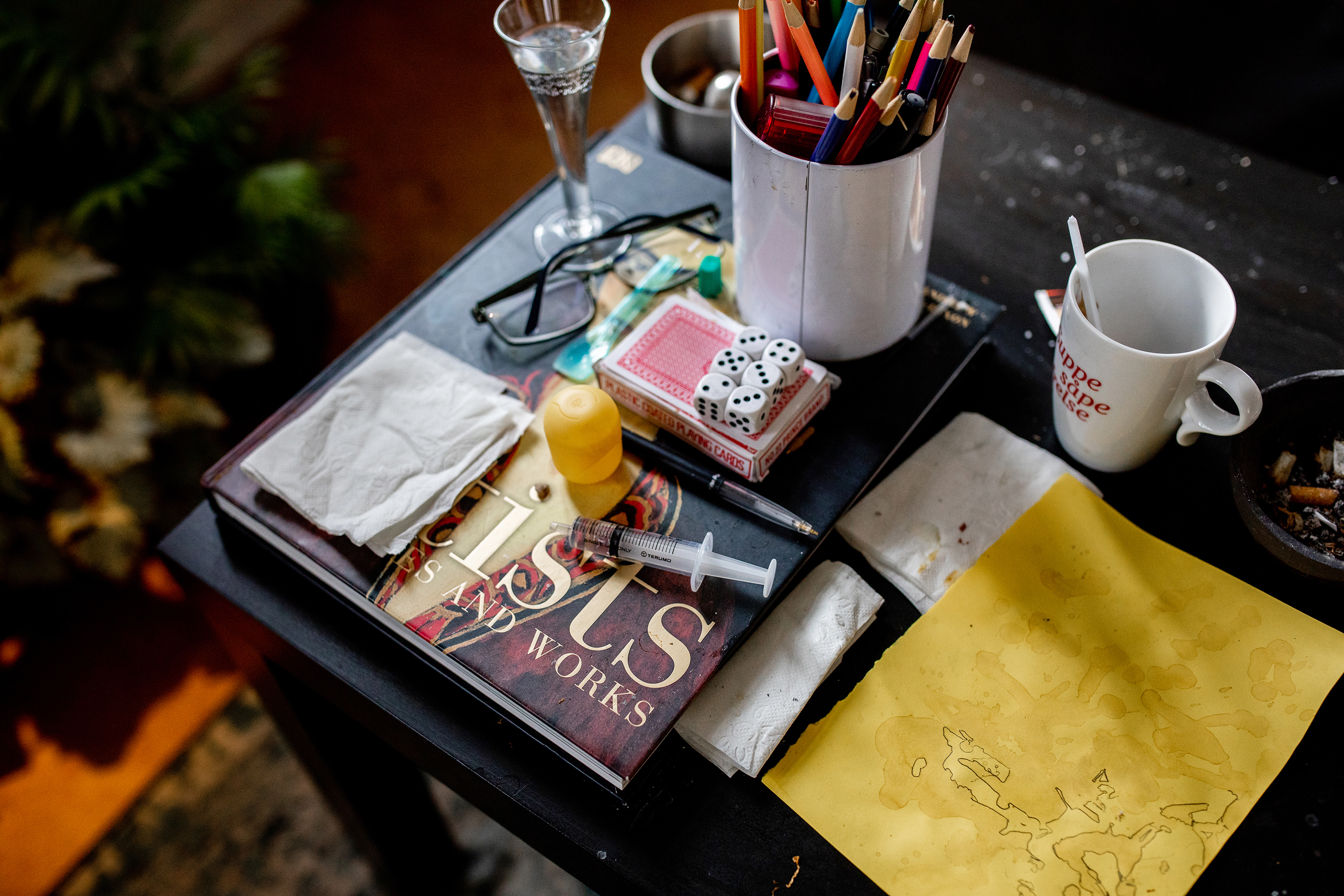 I leiligheten til Tom er det pent og ryddig, staffeli og malesaker er sirlig plassert i en bokhylle og stuen er full av grønne planter