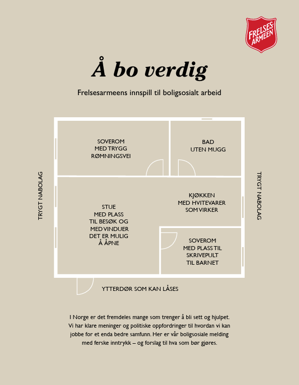 Foto: Av en beige forside på en rapport med Frelsesarmeens logo oppe i høyre hjørne.  Den har en del tekst på forsiden, der mye av dette står skrevet i en skisse med romfordelingen av en leilighet.