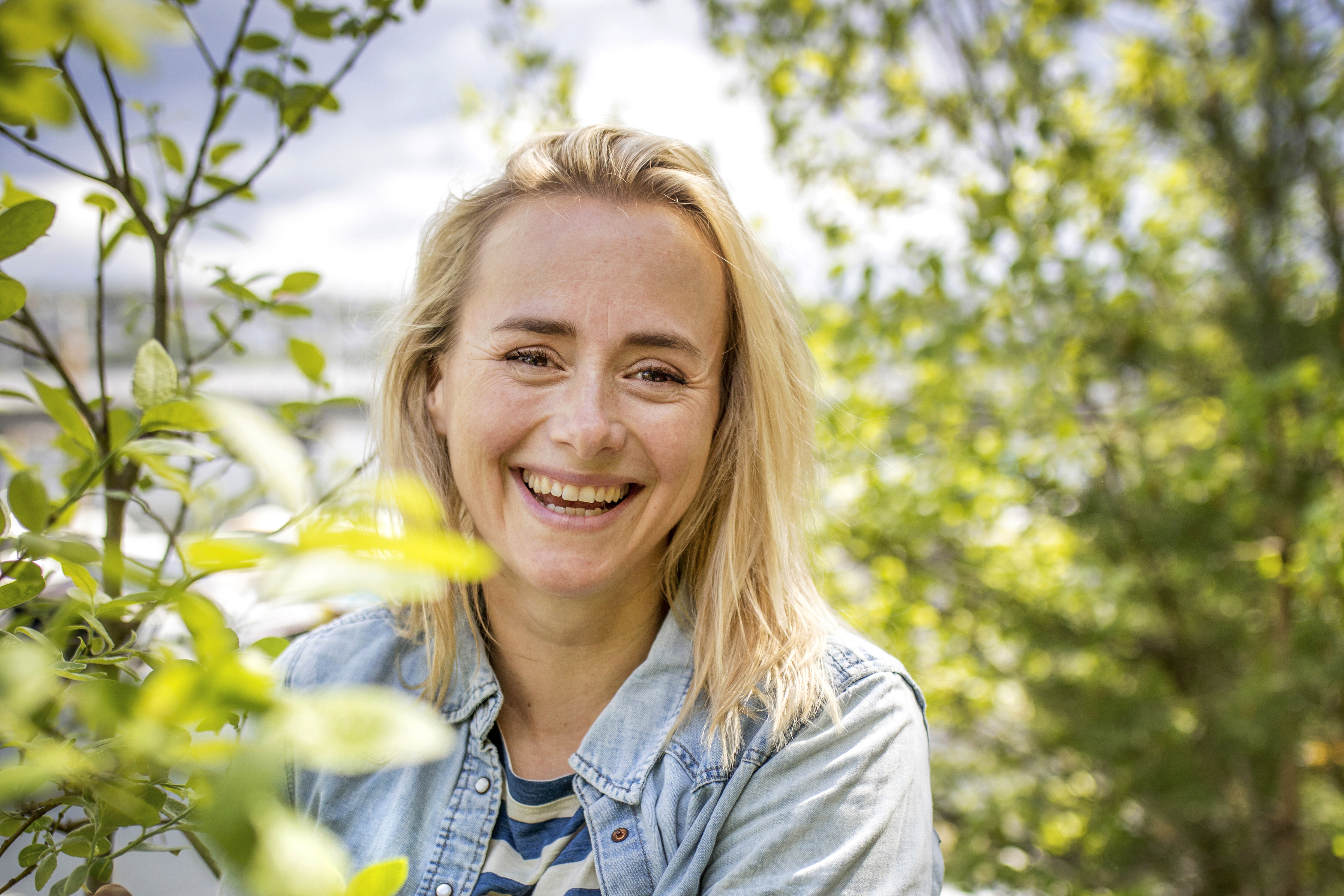 Helsesista omgitt av grønne trær i solskinn.