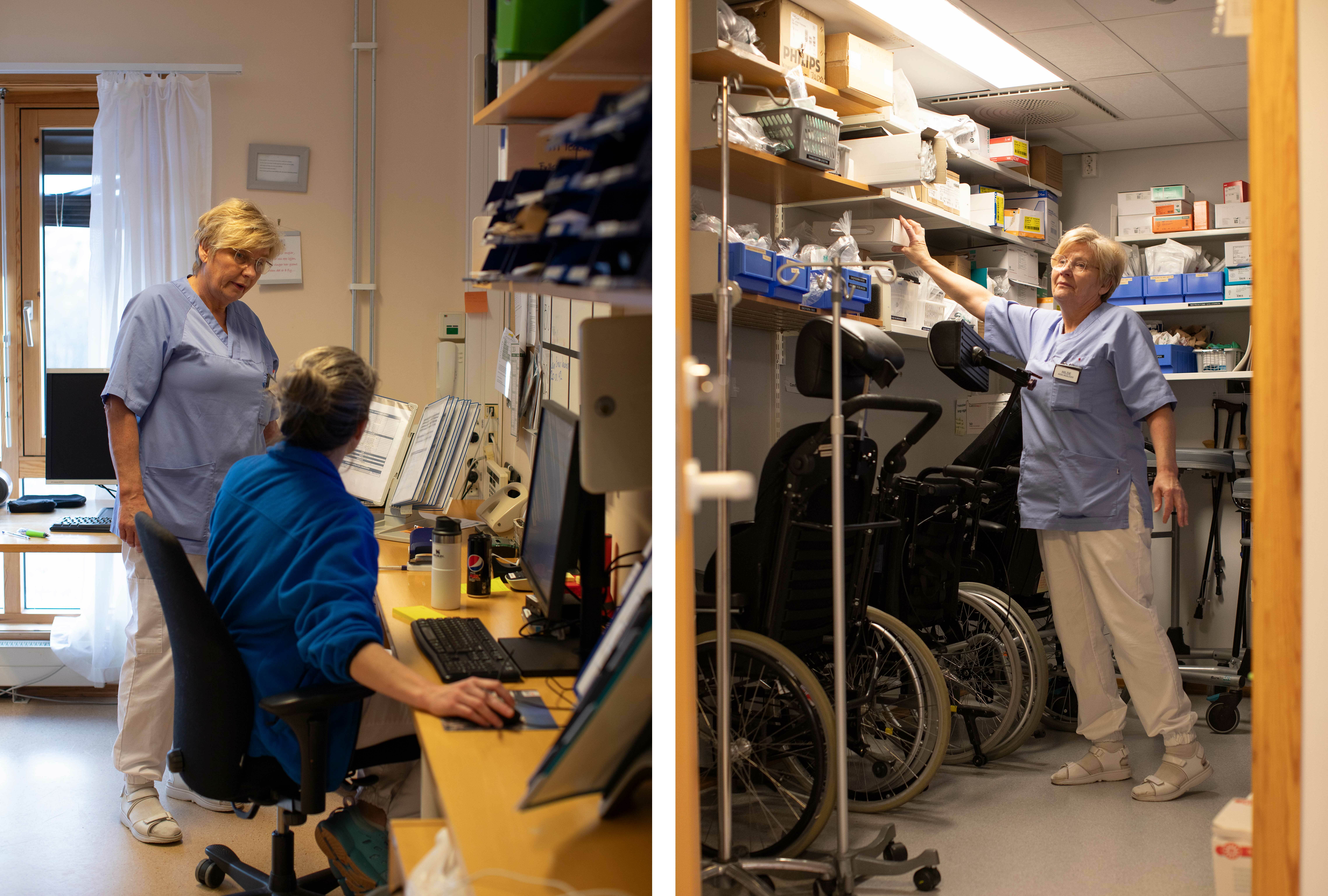 To bilder. Det ene viser to sykepleiere som diskuterer på et kontor, det andre er av en sykepleier som finner fram til utstyr på en hylle på lageret. Her står det rullestoler og medisinsk utstyr.