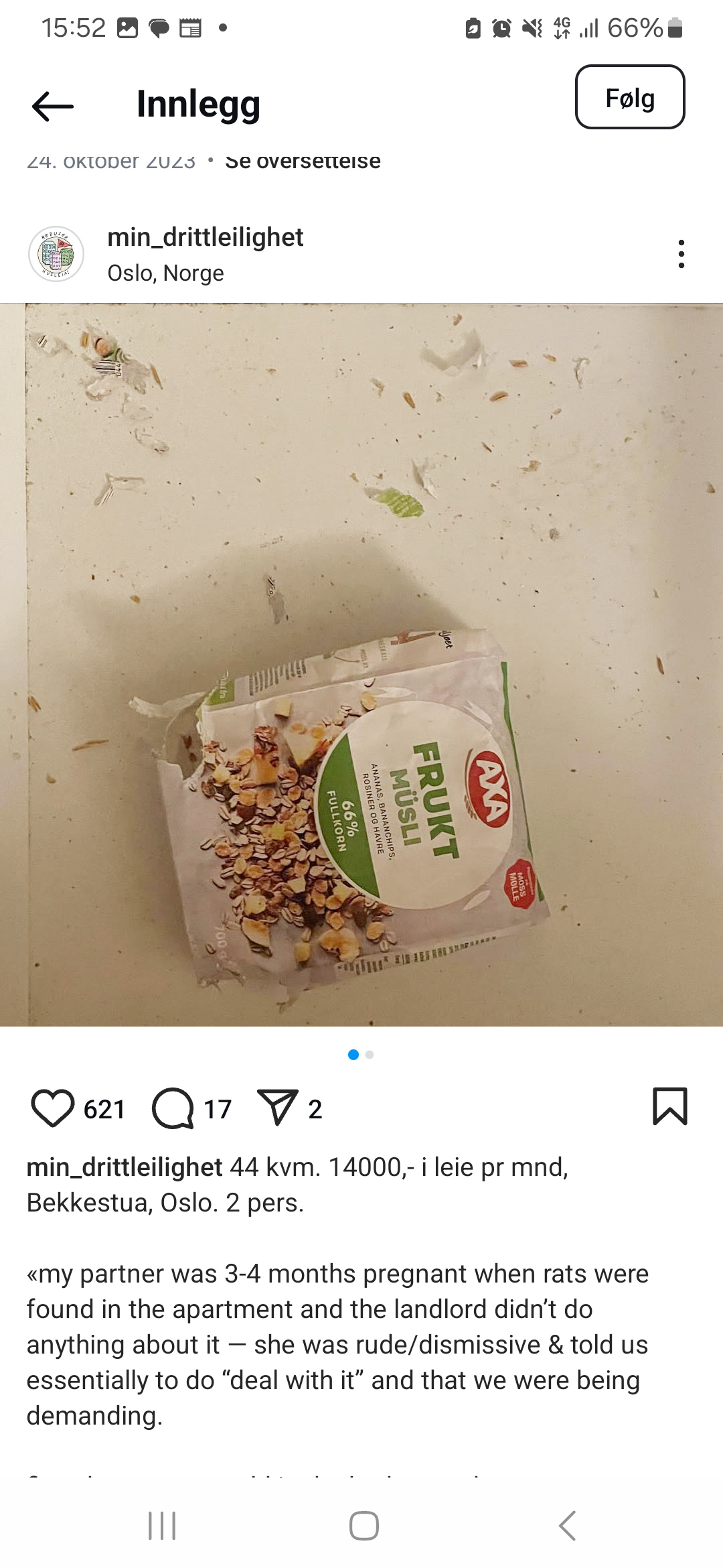 Foto: Skjermdump av en mobilskjerm med et bilde av en pakke med frokostblanding på en flate med avflasset maling.