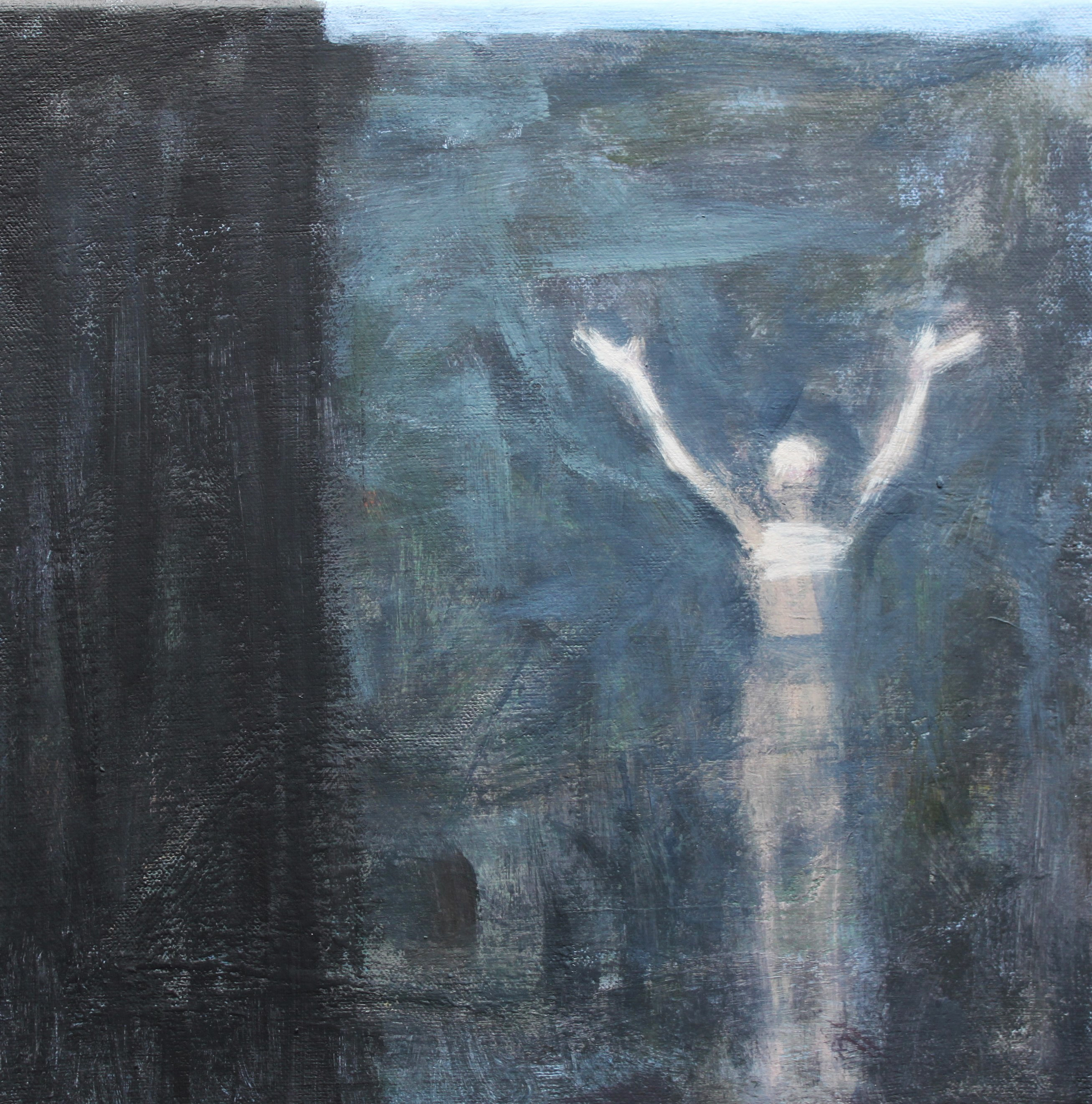 Et maleri hvor en person strekker opp armene, malt av løytnant Mona Andreassen.