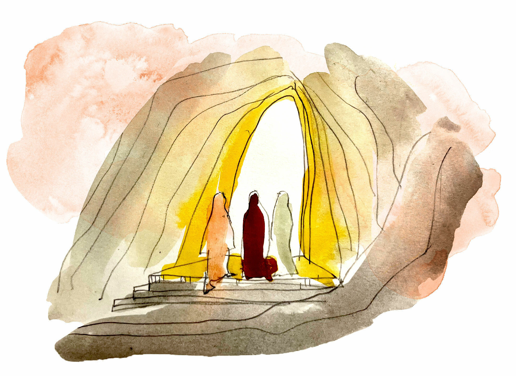 Illustrasjon: Akvarell av tre skikkelser foran en hule i steinen. Dette er et gravkammer, steinen er rullet bort og det lyser ut.