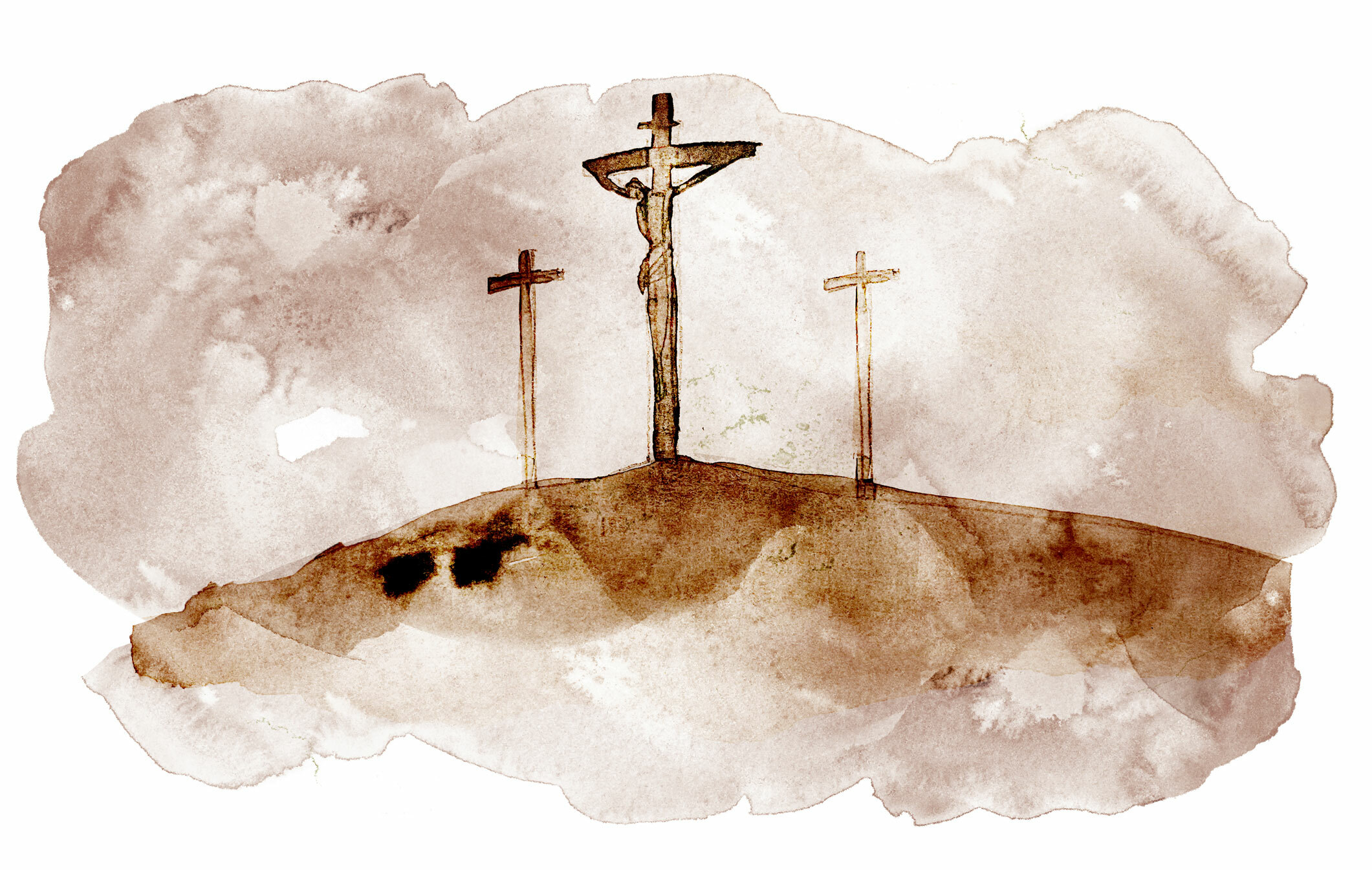 Illustrasjon: Akvarell av Jesus på korset sammen med to andre.