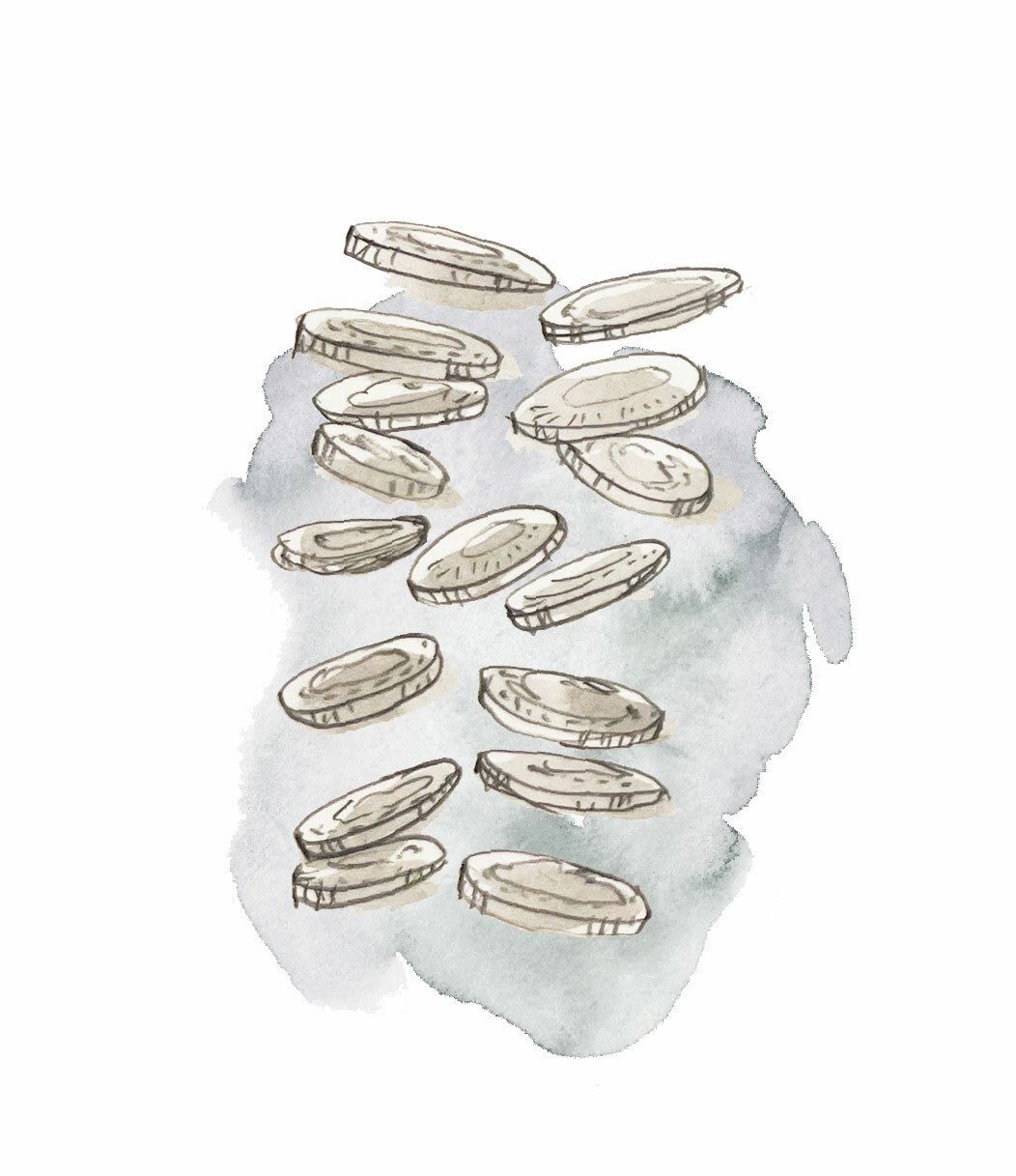 Illustrasjon: Sølvpenger i løse luften, malt i akvarell.