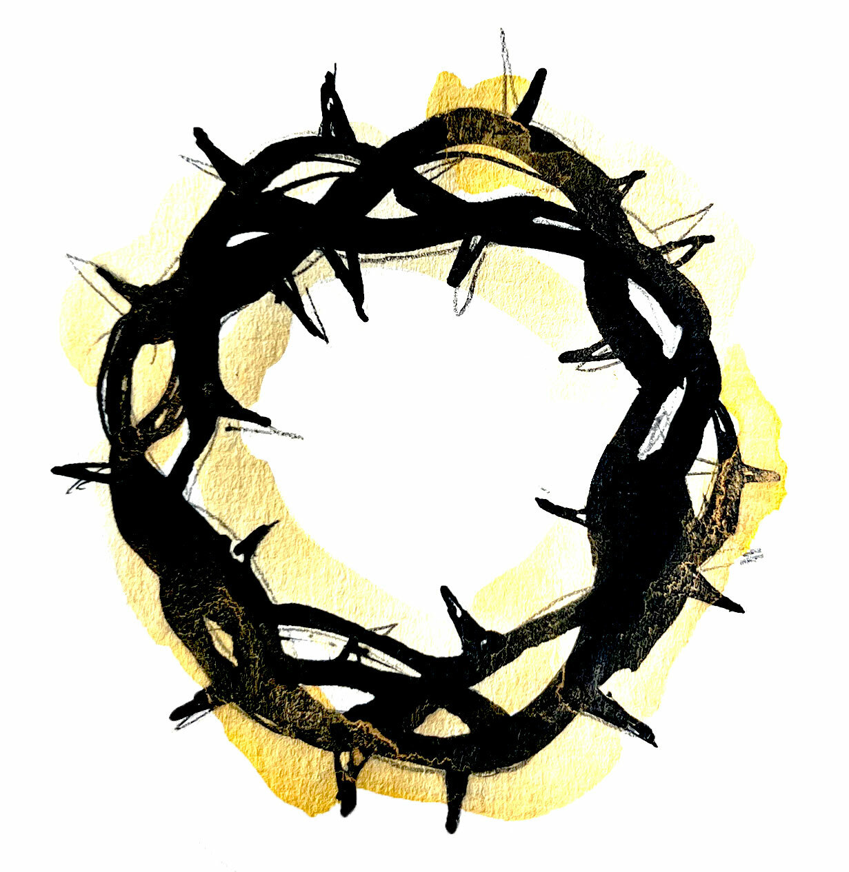 Illustrasjon: Tornekrone malt i svart med et felt gule og brune toner rundt. Det er en akvarell.