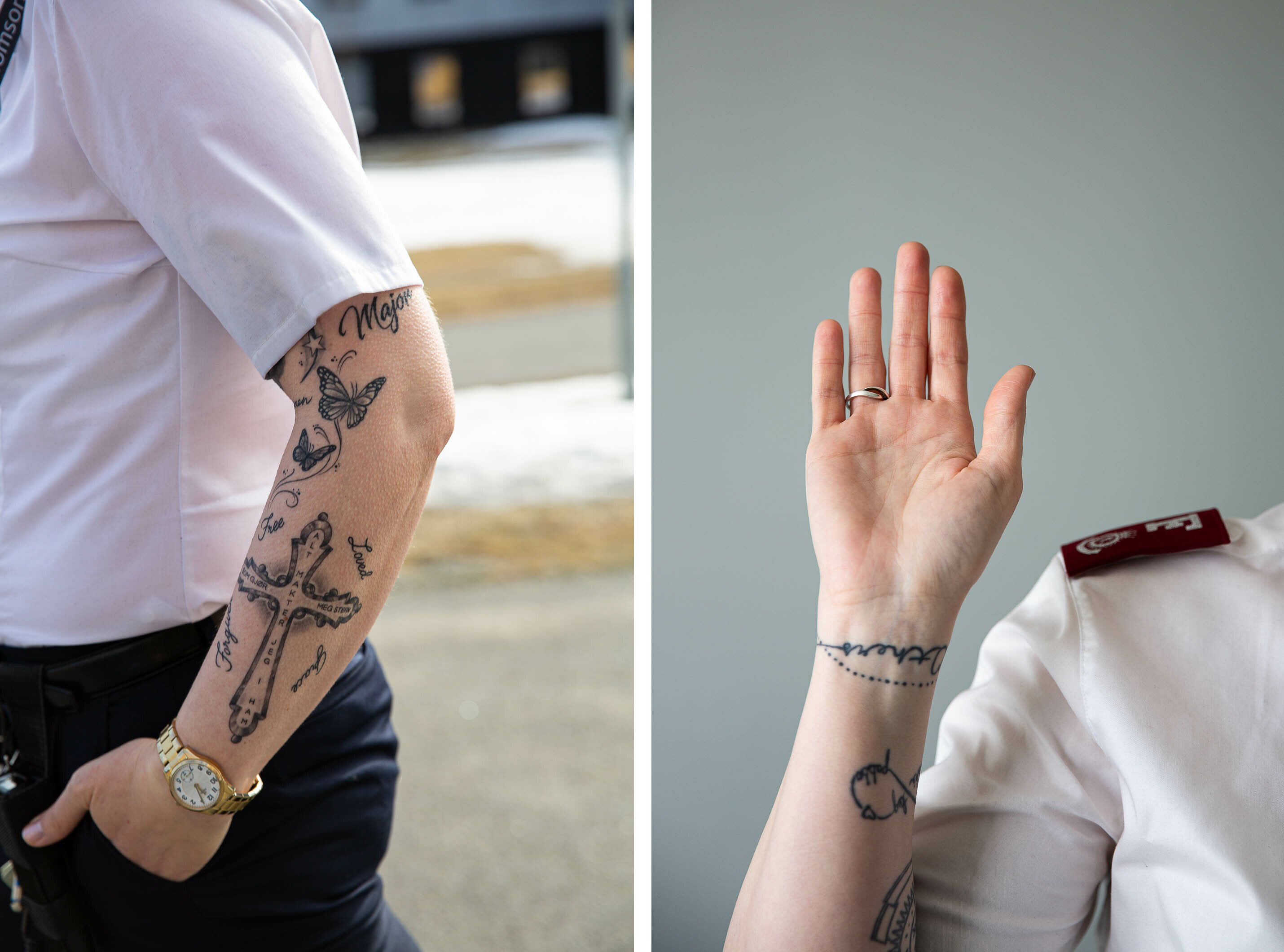 Kvinnearm med tatoveringer. Hvit frelsesarméskjorte.