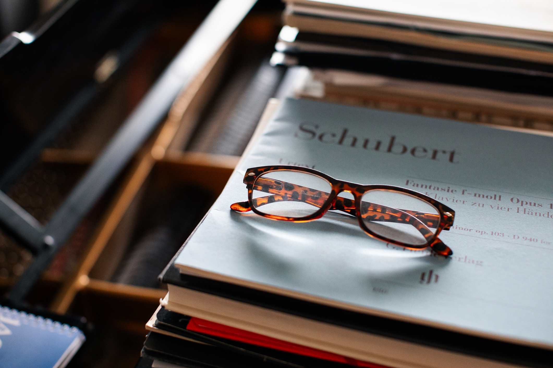 To bilder ved siden av hverandre, der det til venstre viser et par briller som ligger over notene til et av Schuberts klassiske verker, og det til høyre er et nærbilde av en bokhylle der nesten alle bøkene er skrevet av Ketil Bjørnstad.