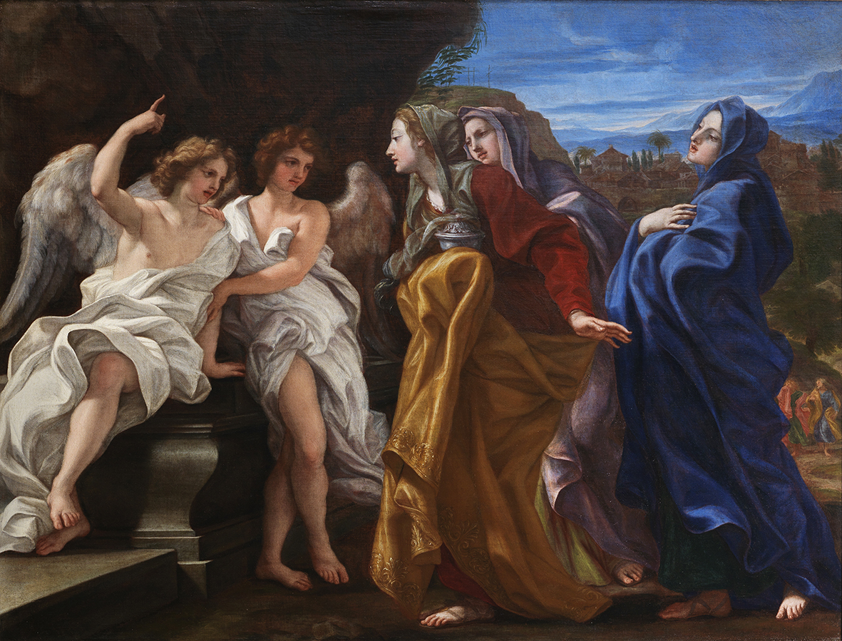 Bildet viser et maleri av tre kvinner som har kommet til graven og blir møtt av to engler.