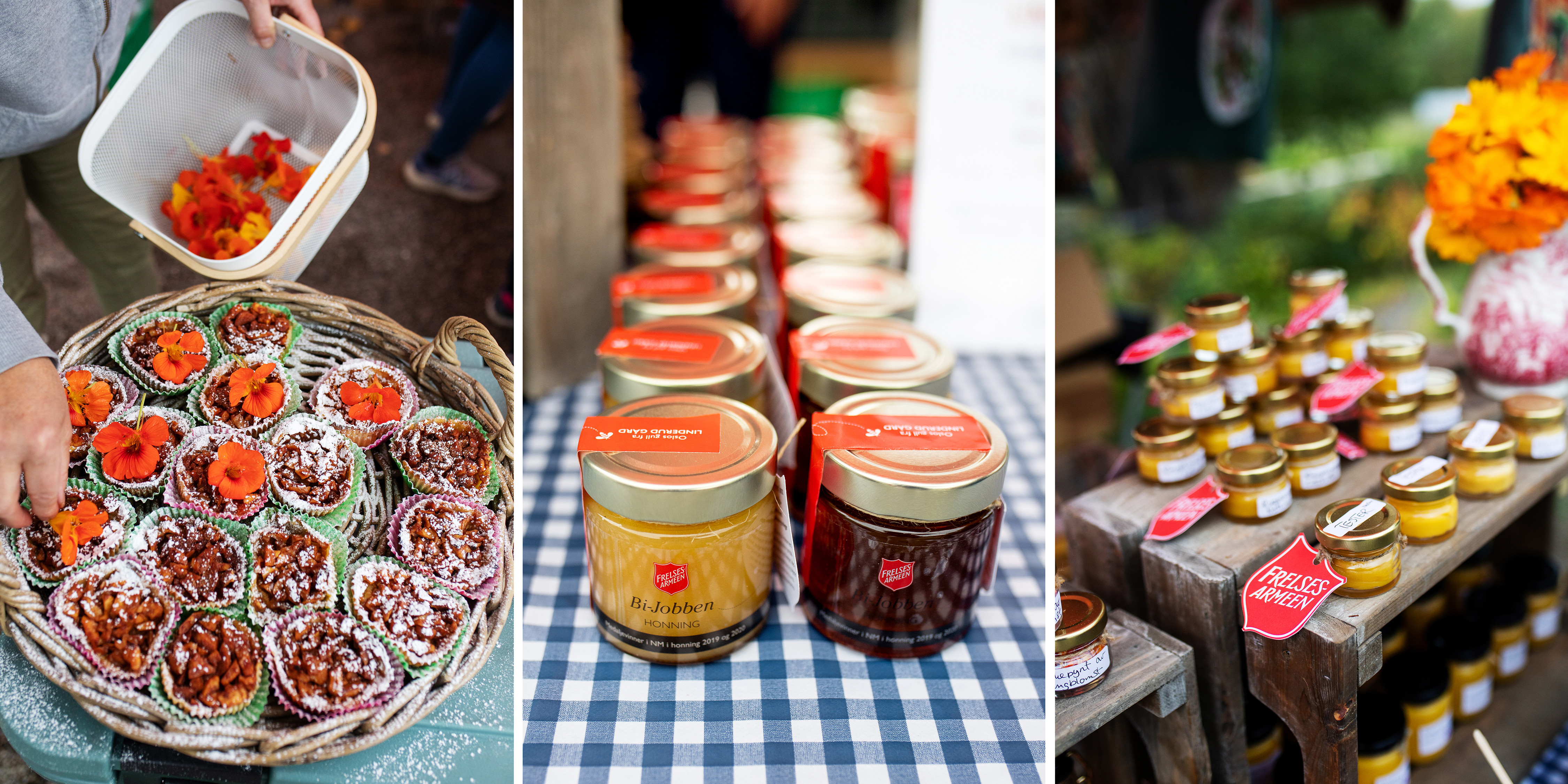 Ferske eplemuffins, rørt og urørt honning fra Jobbens bikuber på Linderud og kosmetikk av ringblomst.