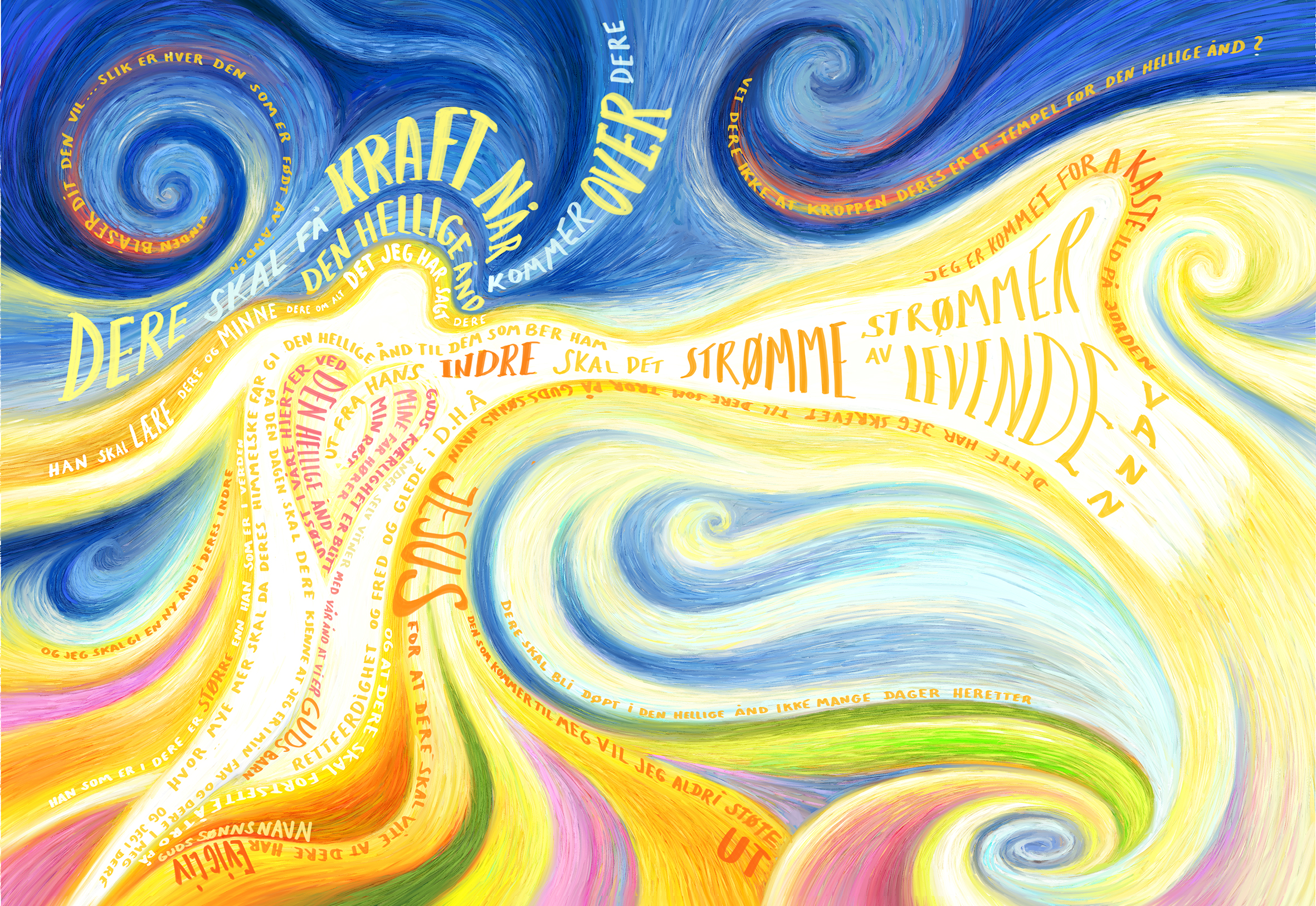 En fargerik illustrasjon av Den hellige ånd, tegnet av Arild Sæther