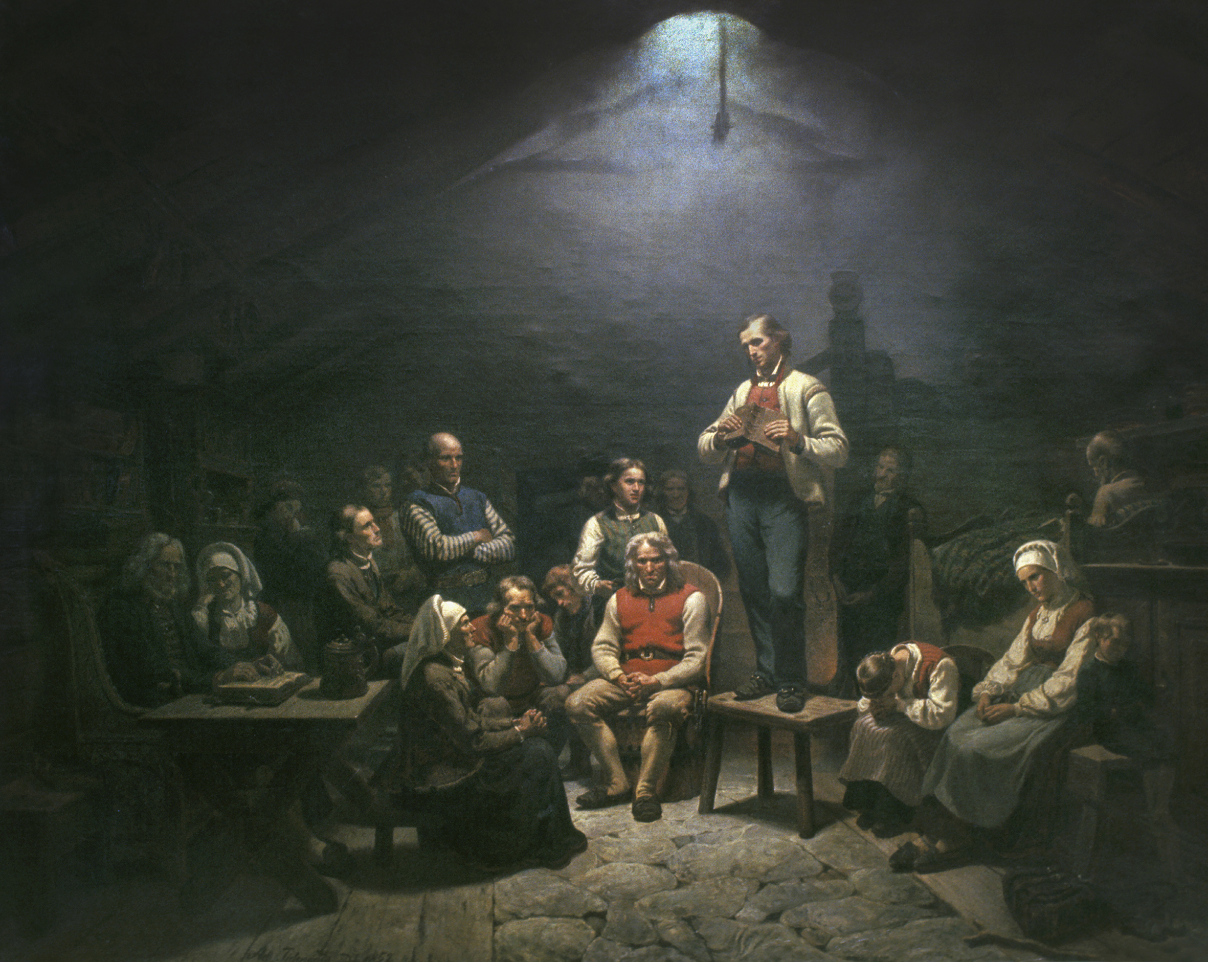 Her ser vi en del av Hauge-bevegelsen i maleriet Haugianerne av Adolph Tidemand.