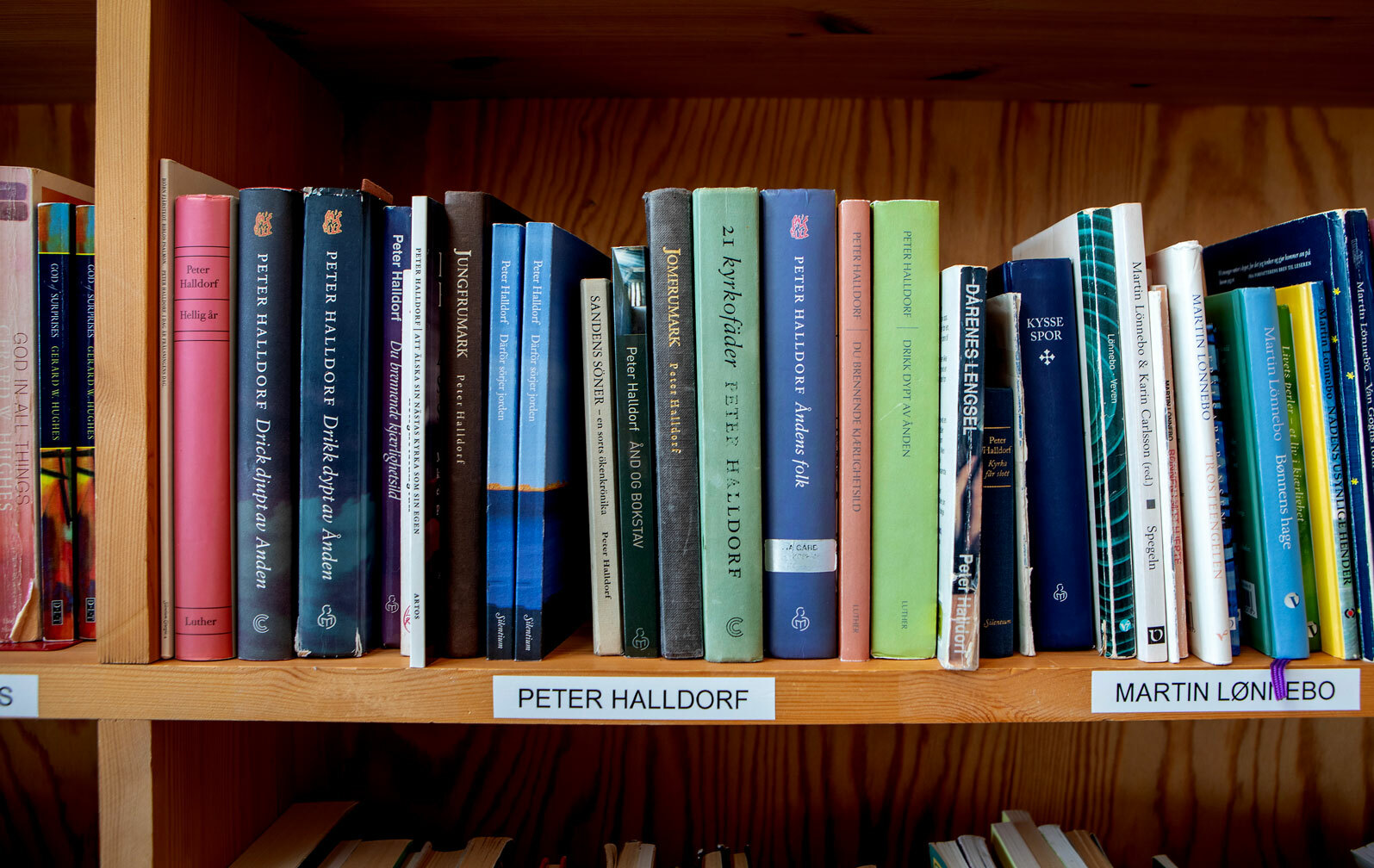 Foto: Nærbilde av en del av bokhyllen der det står navnet Peter Halldorf på en lapp klistret direkte på treverket i hyllen.