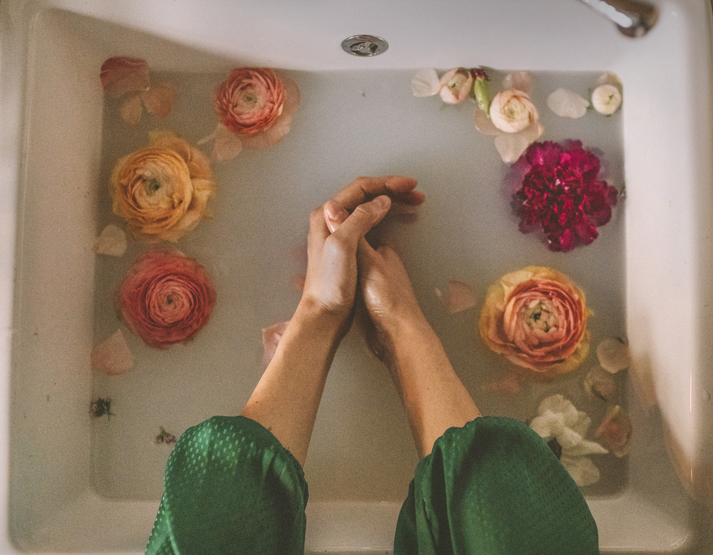 Bildet viser to hender som vasker seg i en servant fylt med vann og blomster.