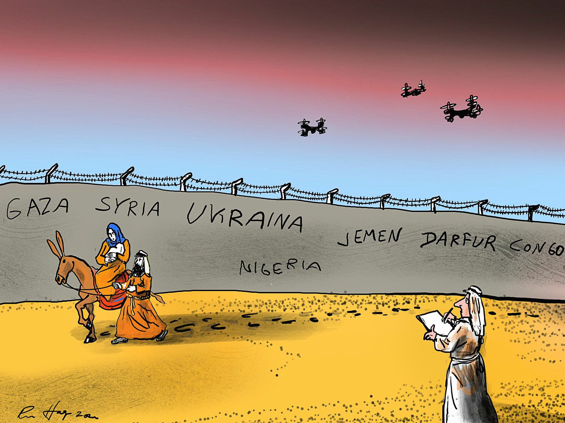 Illustrasjon: Maria med Jesusbarnet på ryggen av et esel leid av Josef. De går bortover i sanden langs en murvegg der der står skrevet navn som Gaza, Syria, Ukraina, Nigeria, Jemen og Darfur.