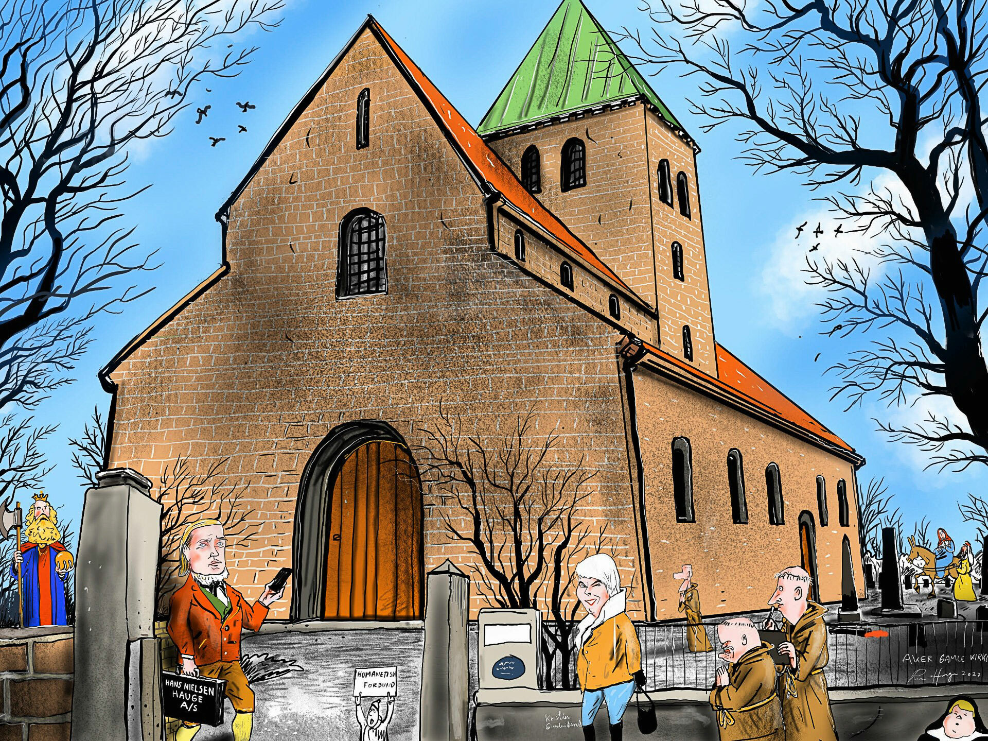 Illustrasjon: En murkirke med nordmenn fra både nåtid og tidligere tider utenfor. En ung herre i gammeldagse klær bærer en svart stresskoffert der det står Hans Nielsen Hauge AS på.