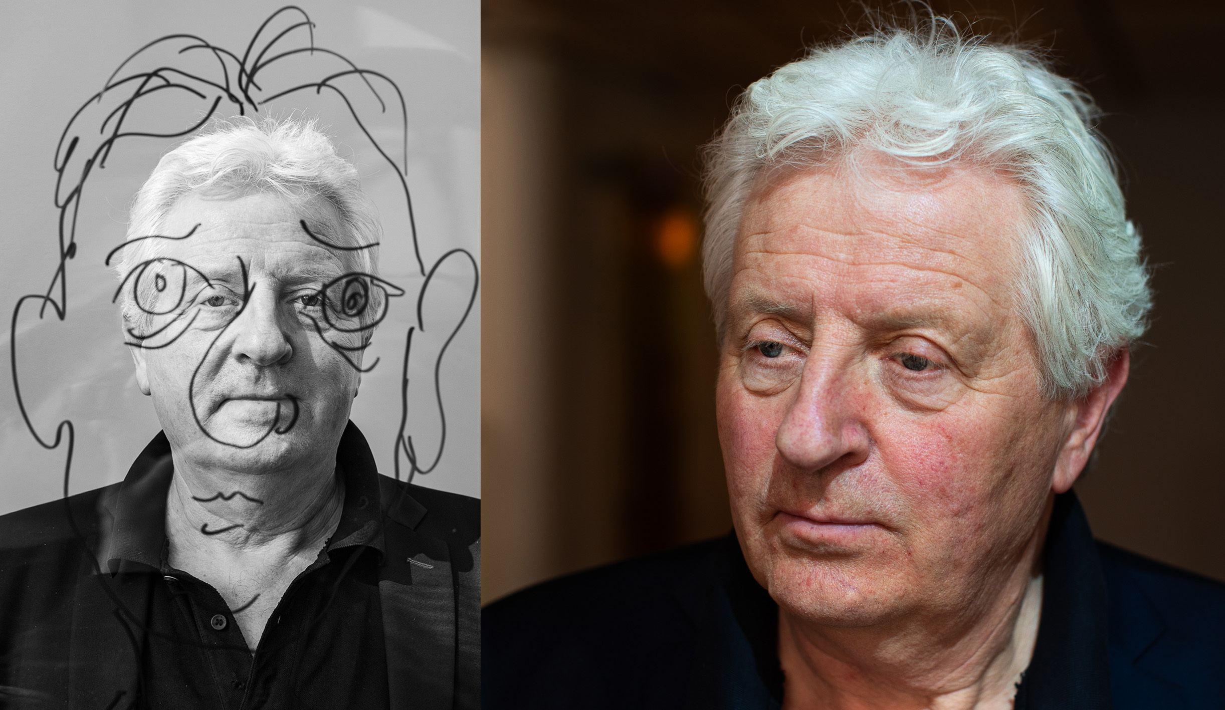 Foto: To bilder ved siden av hverandre av samme gamle mann. Det første er i sort hvitt og har et tusjet selvportrett over. Det andre bildet er i farger.