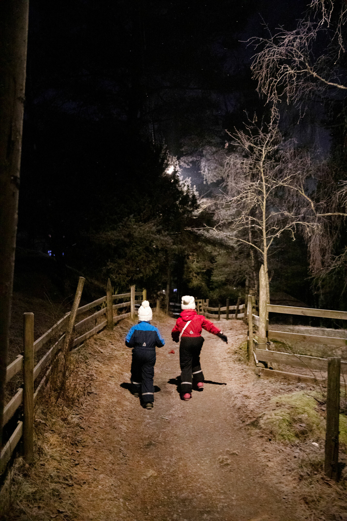 Foto: To barn i varme dresser som løper bortover en grusvei. Ryggen er til kamera og det er mørkt ute.
