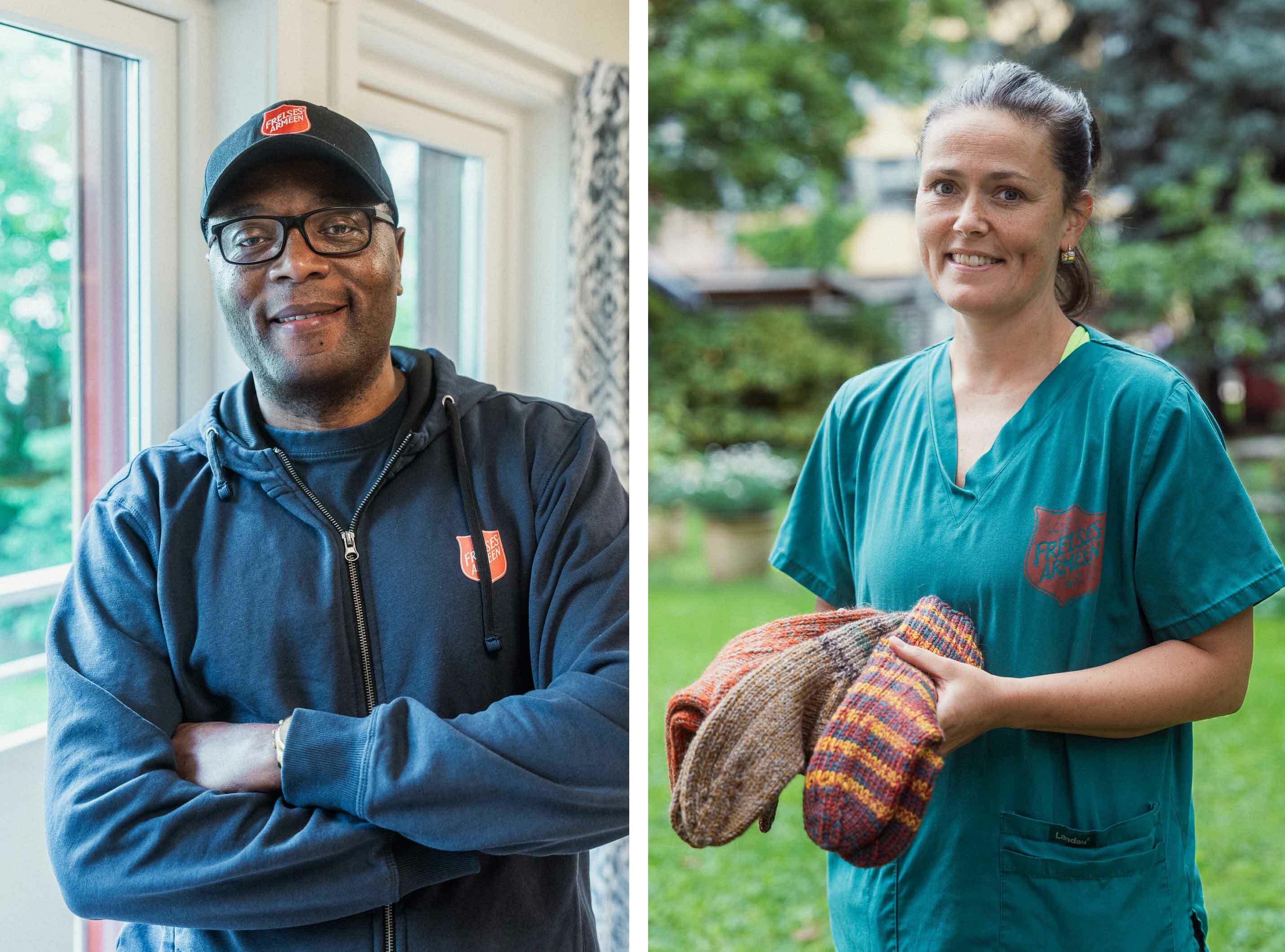 Todelt bilde: Til venstre står en smilende, voksen mann med mørk hud, briller med sort innfatning, med blå skyggelue og hettegenser. Til høyre står en voksen kvinne med grønn sykepleieruniform som holder tre håndstikkede sokkepar. Hun har brunt hår i hestehale og står ute i det grønne.