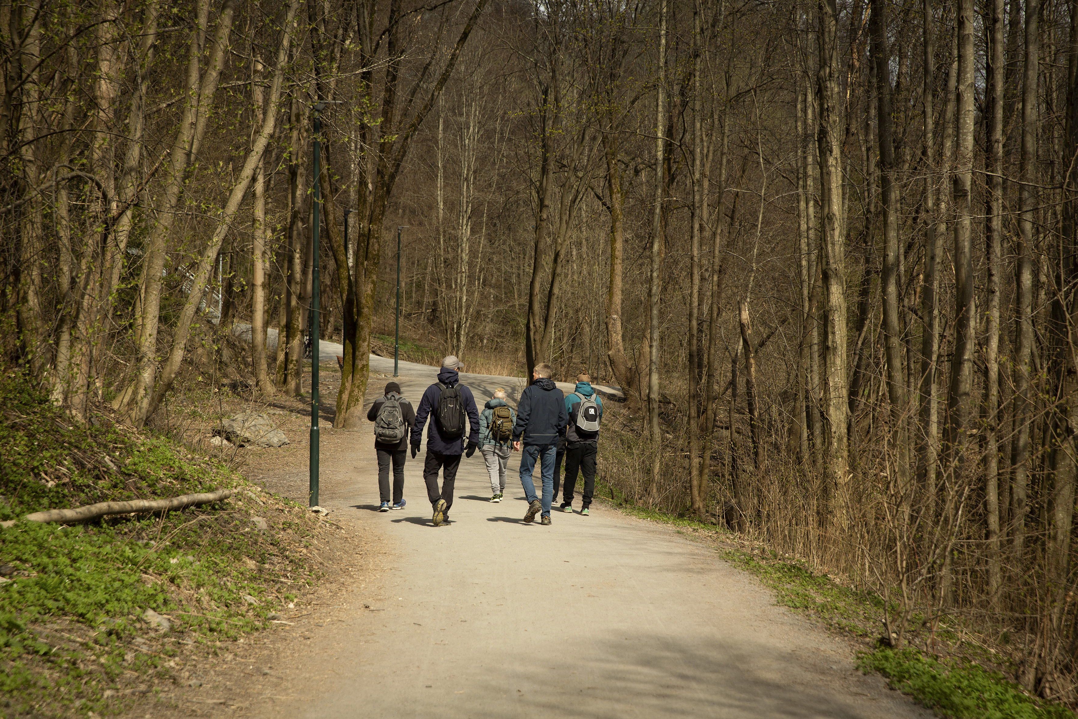 En gruppe turgåere rusler bortover stien.