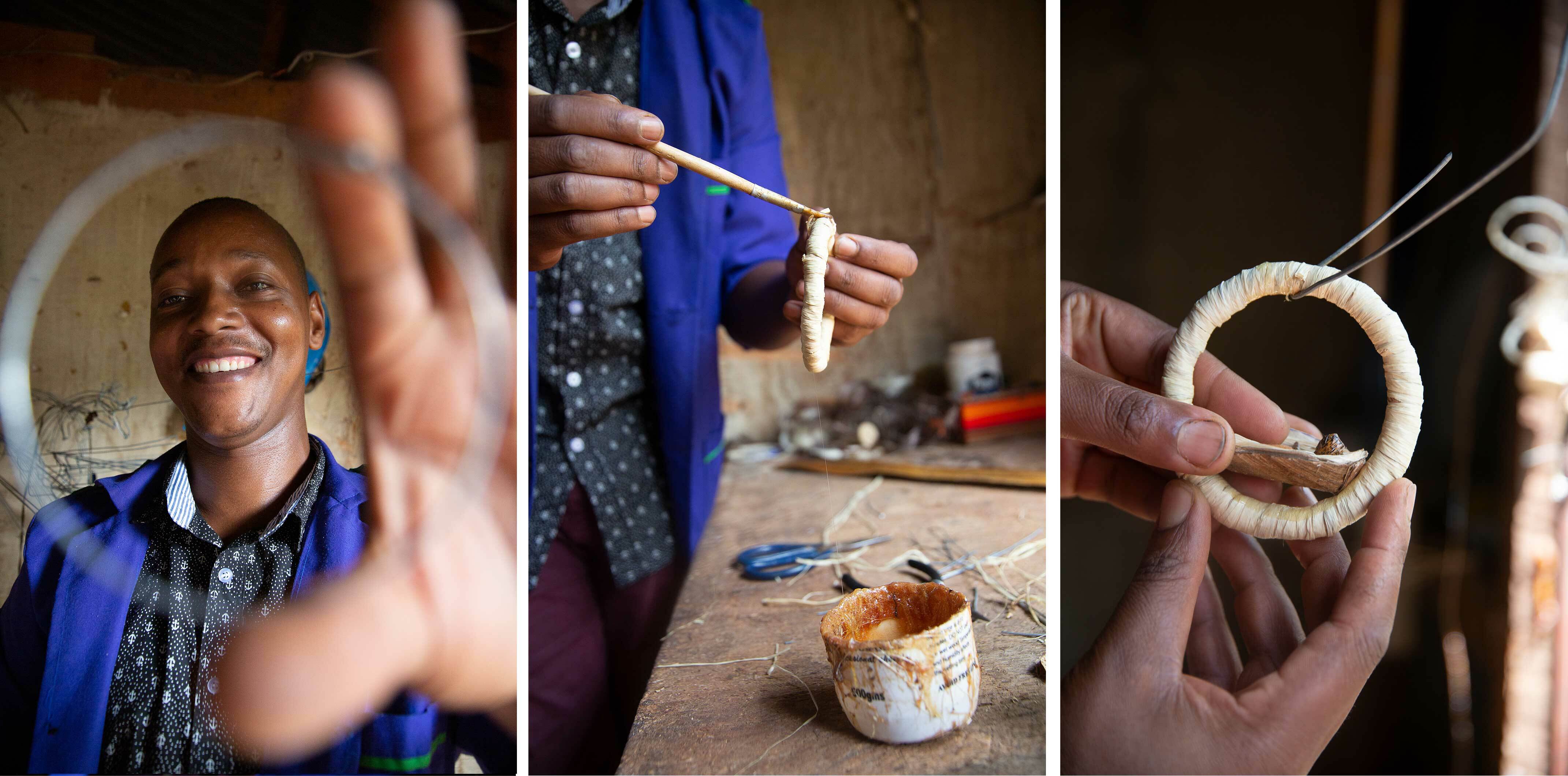 Tre bilder av afrikansk mann som jobber på julekrybbene. Han tilpasser en ståltråd til en ring og limer på tingene etter at det er surret sisal rundt den. Så setter han Jesusbarnet på plass i ringen.
