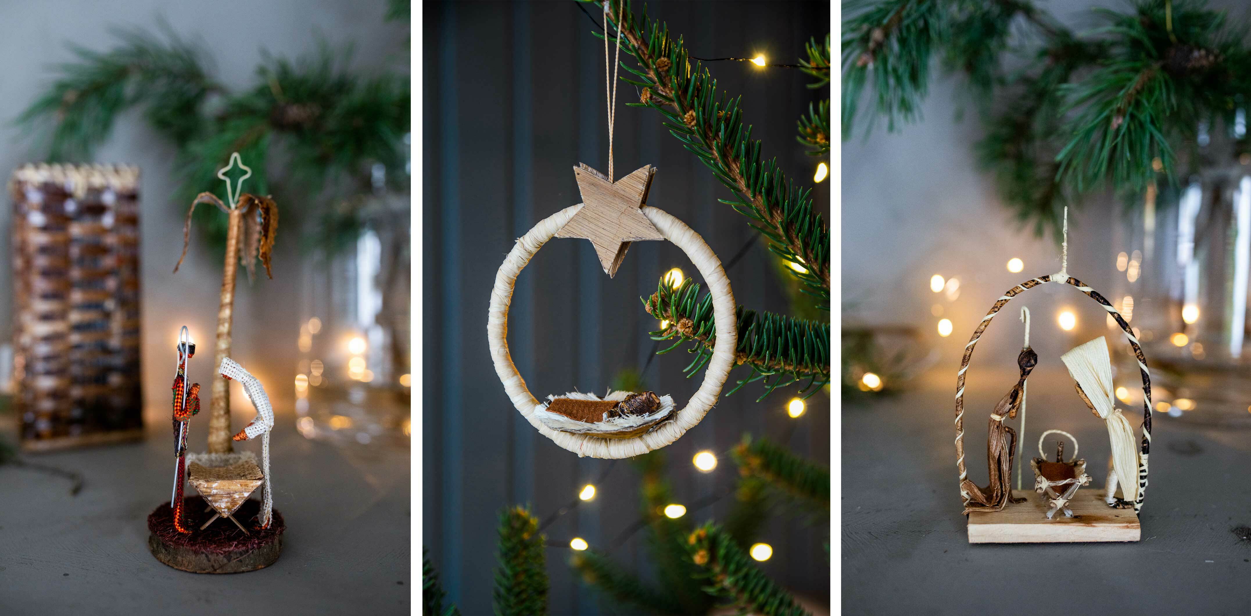 Tre ulike bilder på rad med Jesus-barnet i krybben med og uten Josef og Maria.