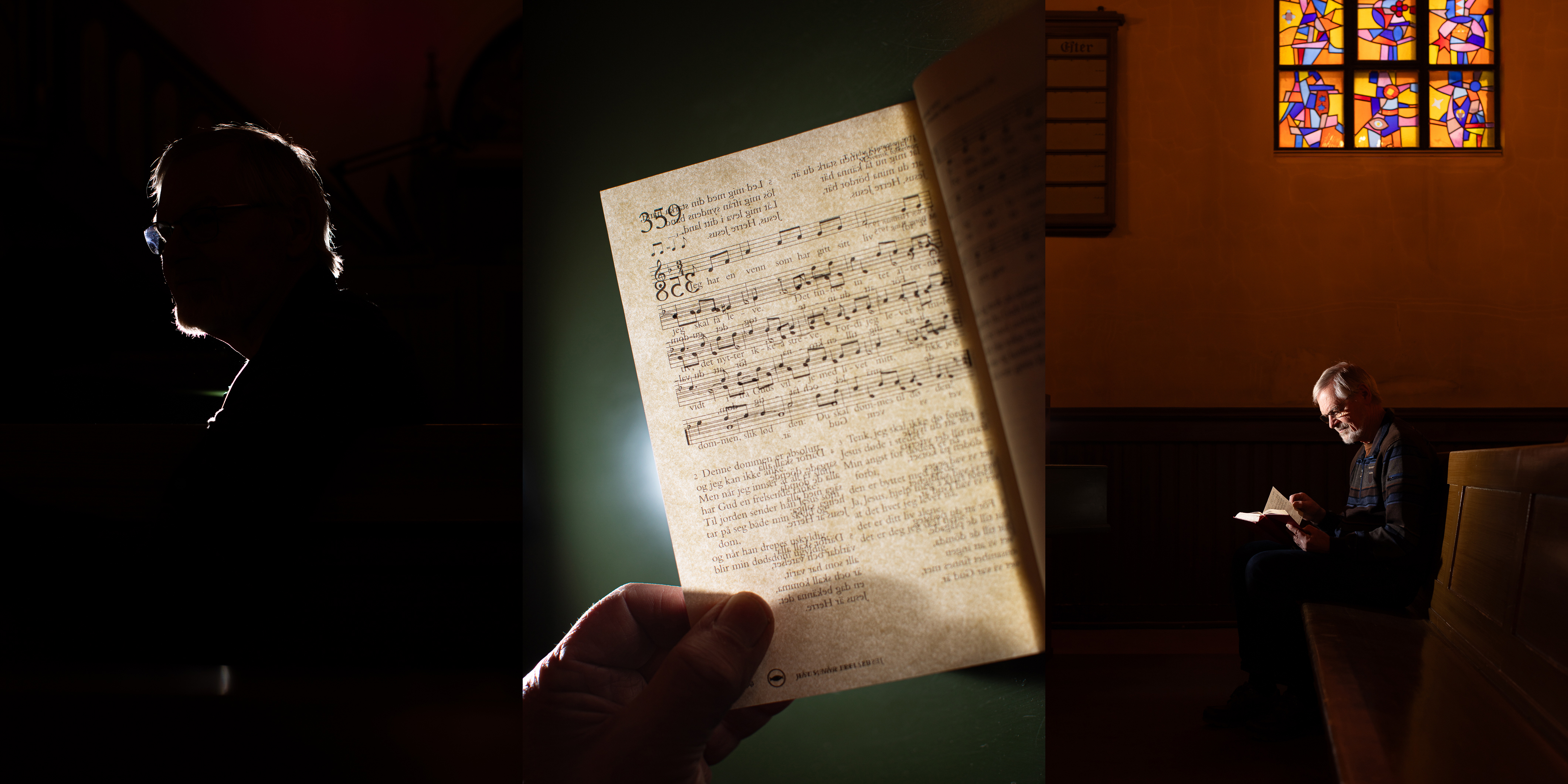 Bildecollage av en mann i profil, et ark med en salme som lyset skinner gjennom og sammen mann som sitter på en kirkebenk og leser i en salmebok.