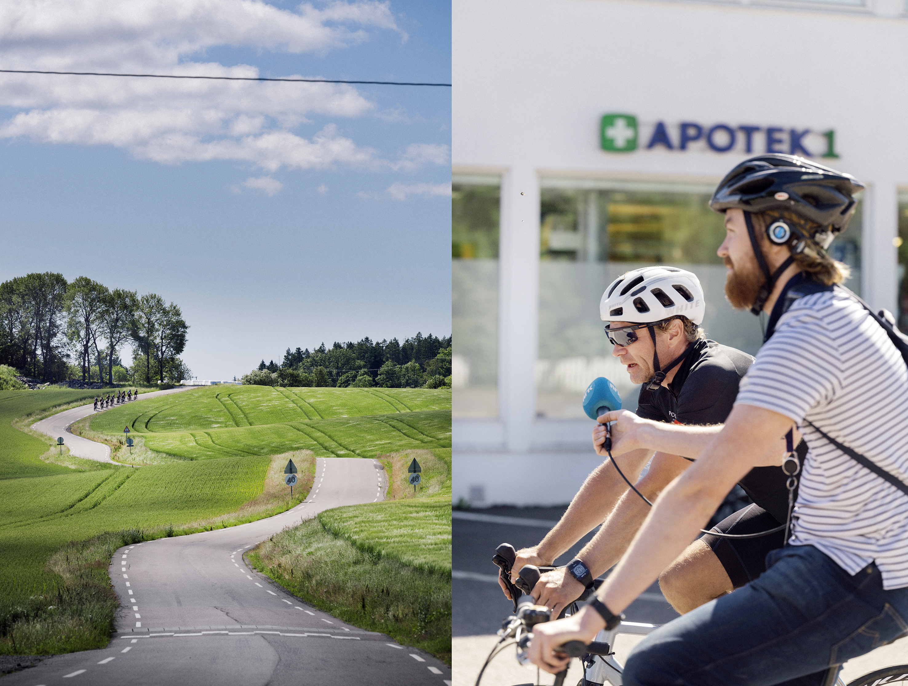 Pedalkraft tråkker bortover en svingete landevei som går gjennom en grønn åker. En av deltakerene blir intervjuet av radioen mens han sykler.