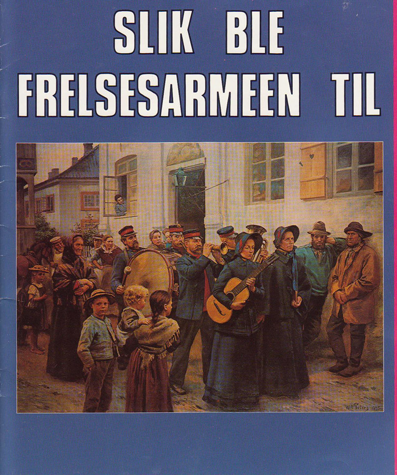Bilde av en tegneserieforside. Tekst: "Slik ble Frelsesarmeen til" . Tegnet bilde av en samling mennesker som er i gatene med og uten uniform.
