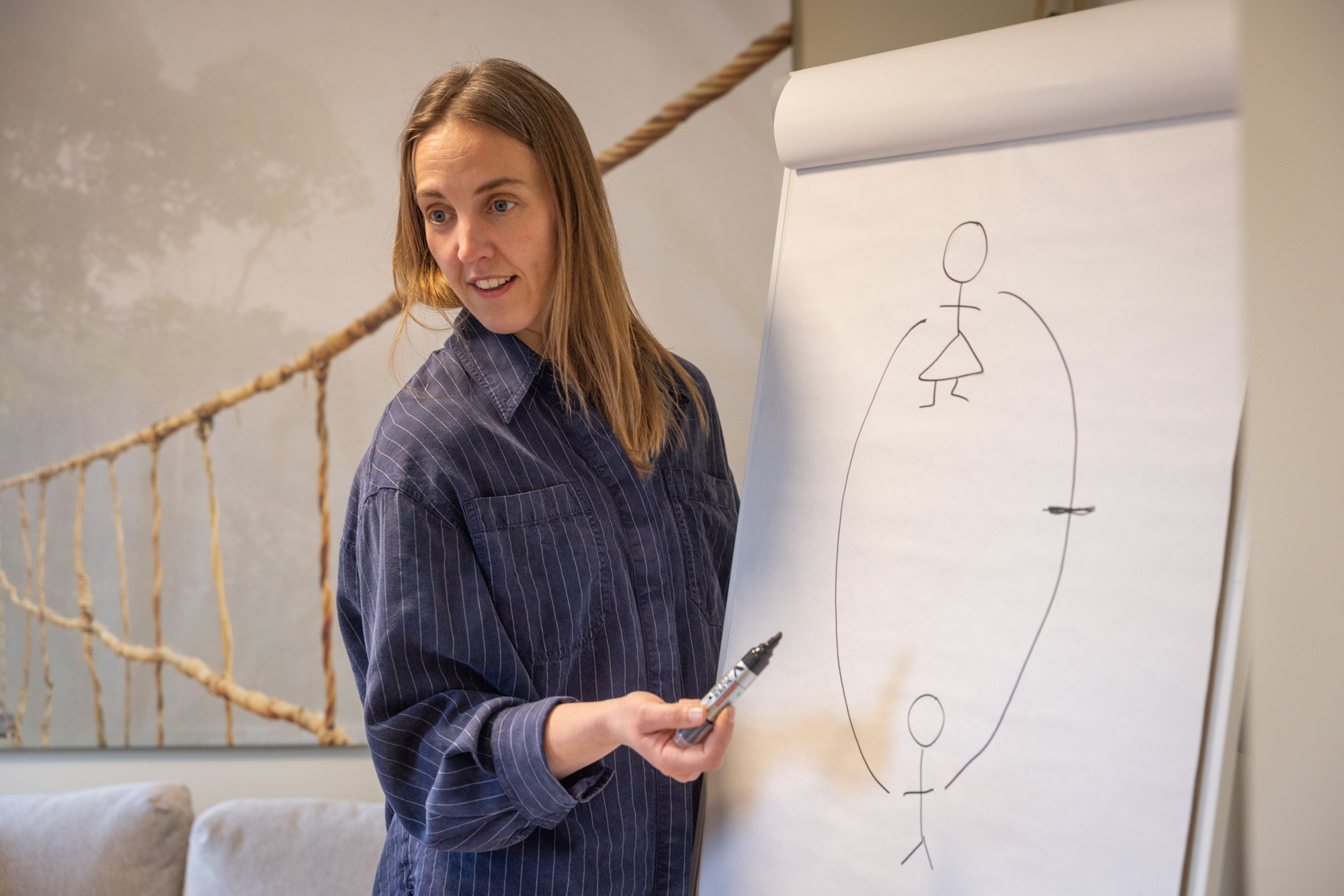 Foto: En kvinne med langt hår, i mørkeblå skjorte står ved en clipboard. Hun har tegnet to strekmennesker med streker mellom seg. Hun holder en penn og ser mot noen som sitter i rommet, utenfor bildet.