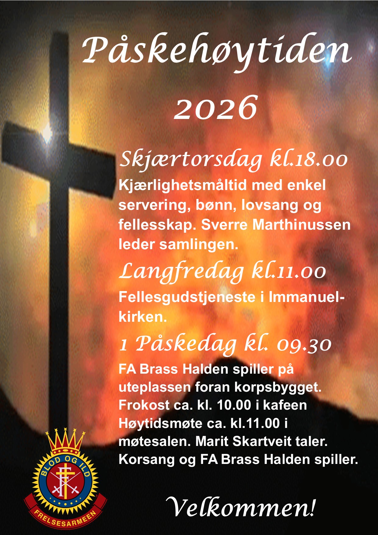 Plakat for høytidsgudstjeneste i Halden korps, 1. påskedag 5. april kl 09.30.