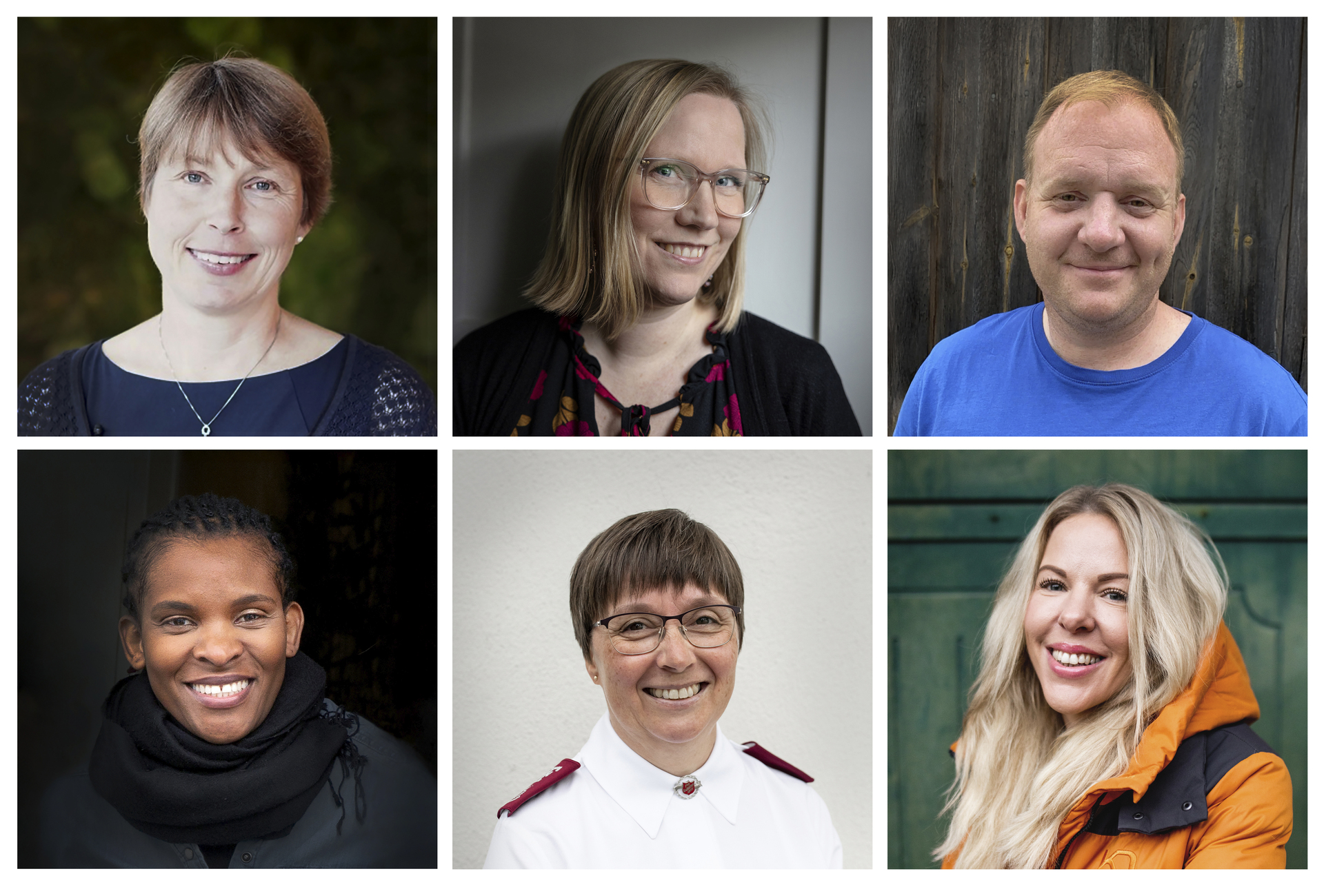 PORTRETTER AV MANGFOLDSUTVALGET: Kristine Stadskleiv (soldat i Ensjø korps, leder), Heidi Jørgensen (koordinator Sammen Grønland), Anders Christensen (Frelsesarmeens rusomsorg, Behandlingssenteret Stavanger, Arney Nyambache-Eggan (Frelsesarmeens Barne- og familievern, Hegglia), major Lilja Ånadal (Egersund korps), Anne Cathrine Johansen (Frelsesarmeens rusomsorg, Varmestua Sandvika).