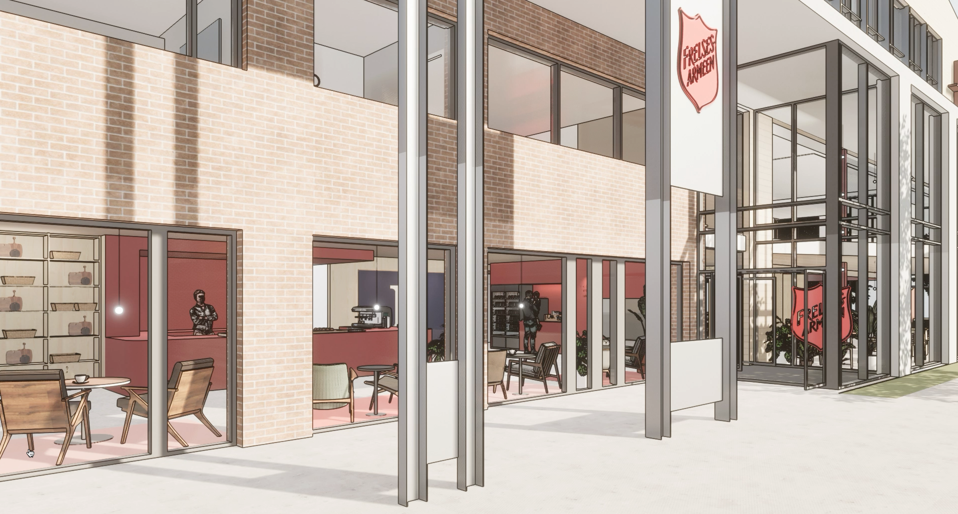 Illustrasjon: Arkitekttegning av inngangsparti på bygg i gul murstein.