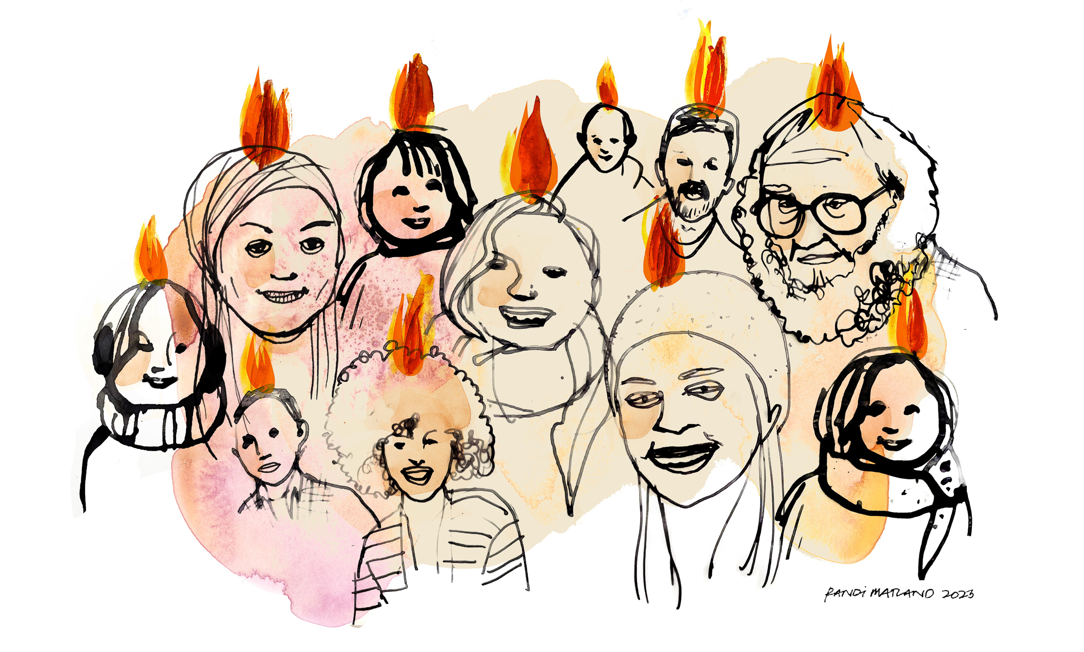 Ill. moderne mennesker med tunger av ild på hodet