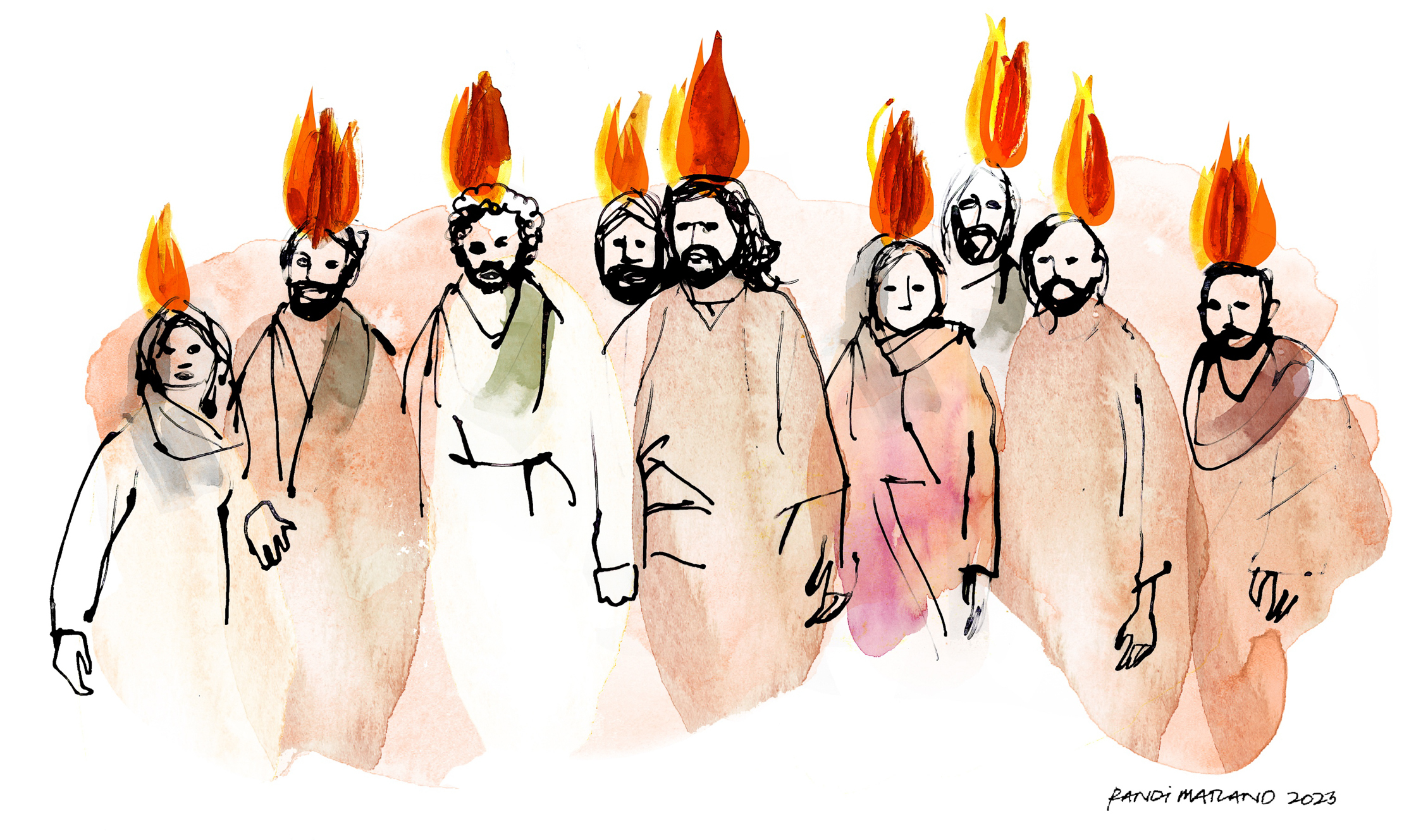 Illustrasjon mennesker med ildtunger på hodet