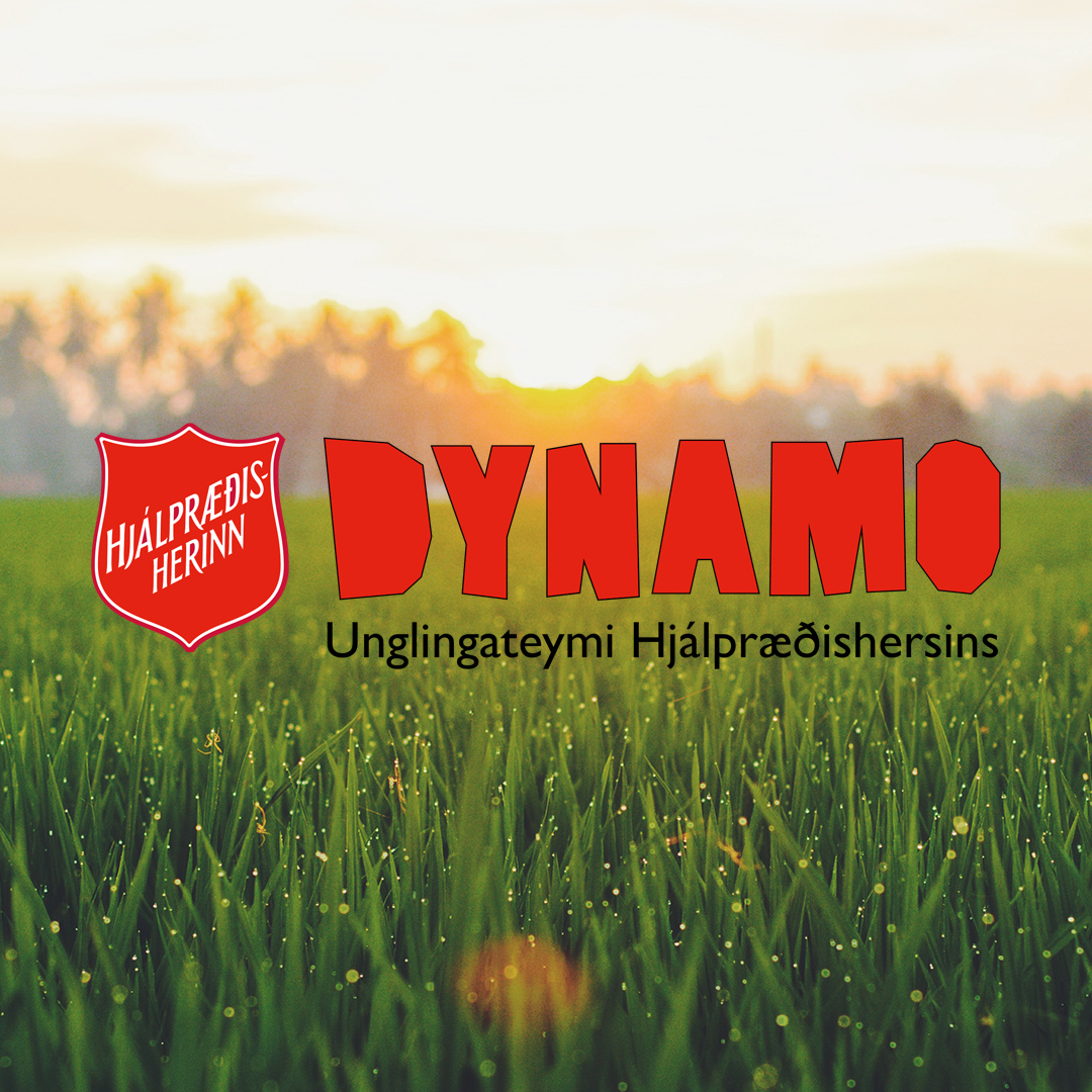 Dynamo-logo på islandsk i rødt med gress og sol som bakgrunn.