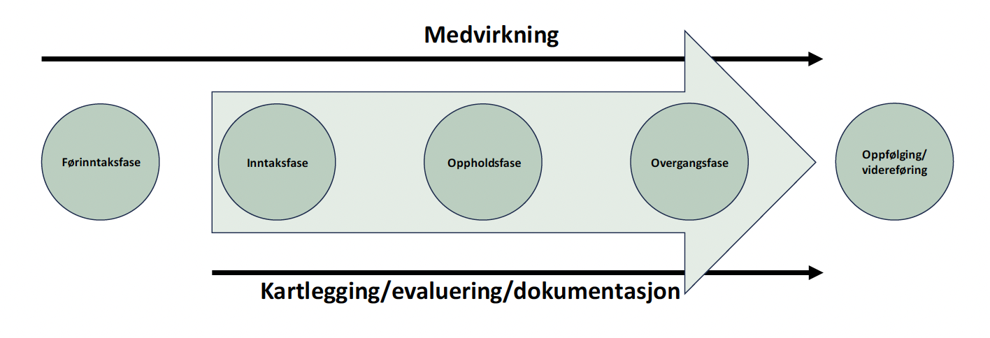 Illustrasjon: Fem sirkler på en rekke. De tre midterste er i en pil som peker mot høyre. Over pilen står den medvirkning og under pilen står det kartlegging, evaluering, dokumentasjon.