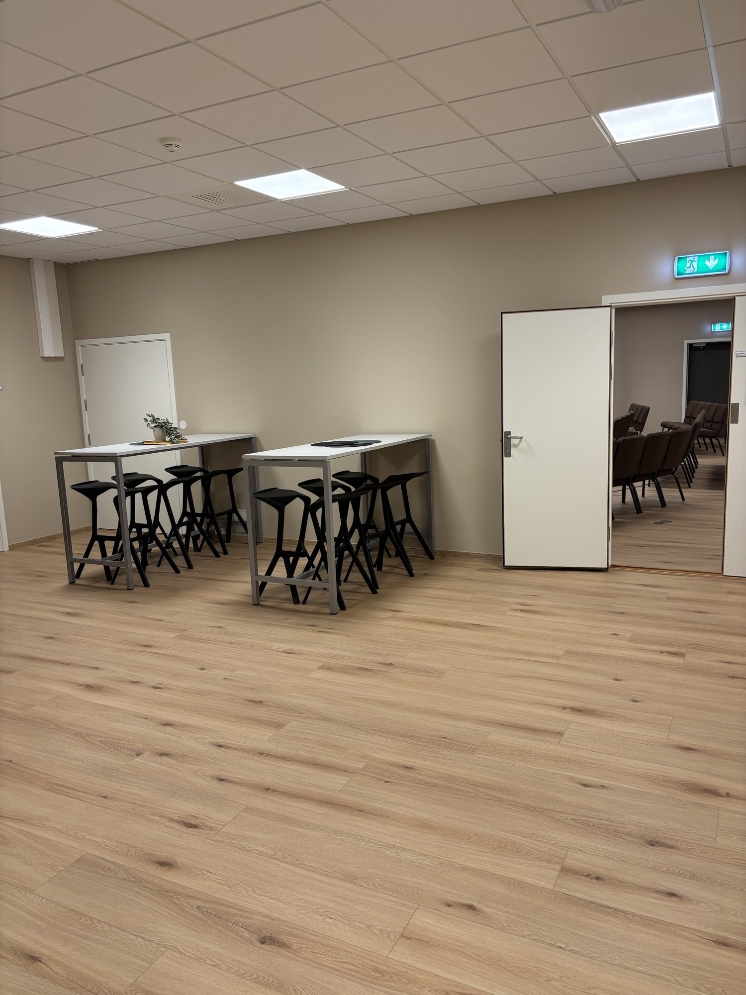 bilde av bord, stoler og minikjøkken fra underetasjen på Teisen