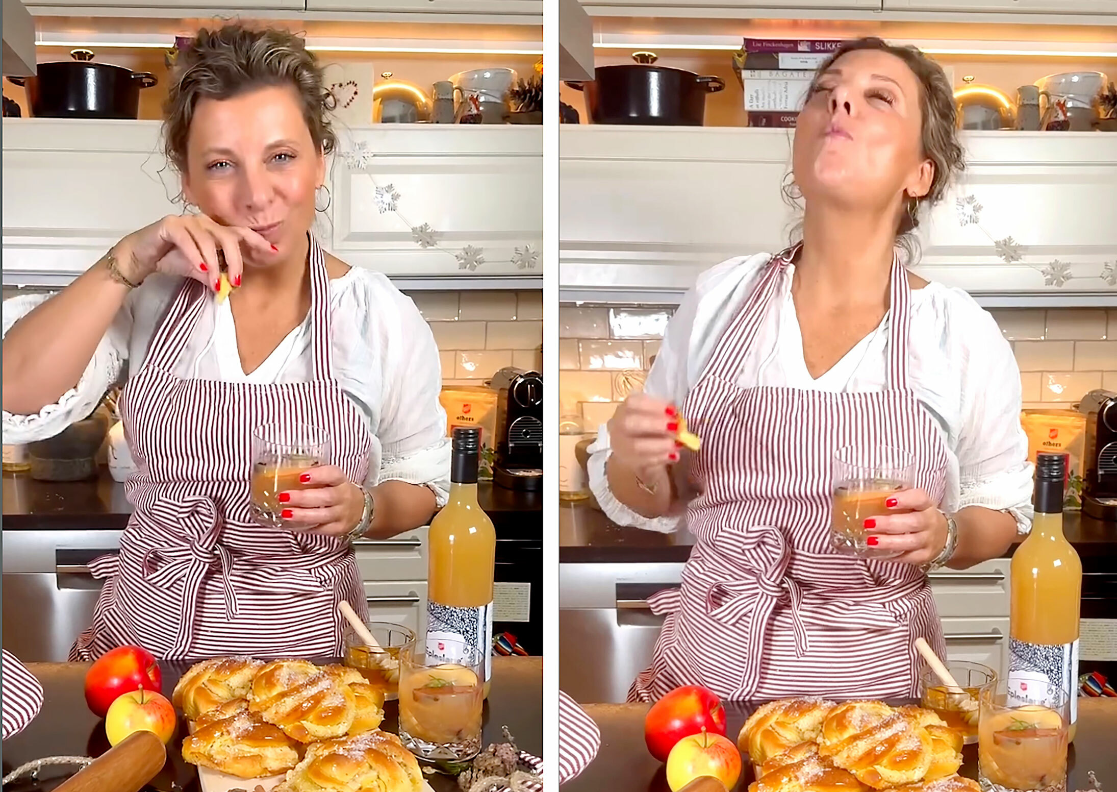 Foto: Skjermdump av to bilder fra finckenhagens instagramkonto. Hun står ved kjøkkenbenken med et brett med kanelknuter foran seg, en flaske eplejuice fra epleslang og to epler. Hun smaker på bollene, på det første bildet tørlker hun seg rundt munnen, på det andre lener hun seg bakover og tygger. Hun har på seg hvit t-skorte og stripete forkle fra Others.