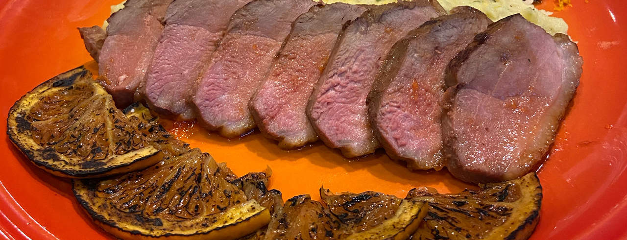 DUCK À L’ORANGE WITH CITRUS, MASHED POTATOES AND BEETS